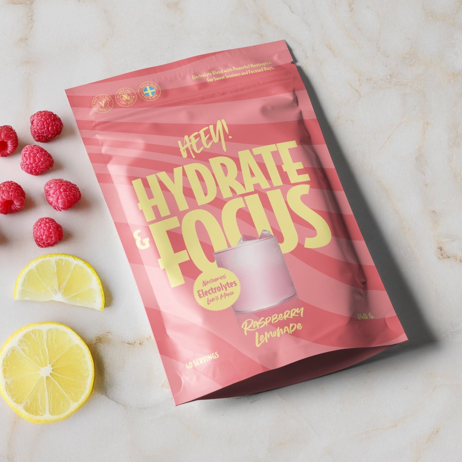 Heey! Hydrate & Focus Elektrolyter Raspberry Lemonade 240 g