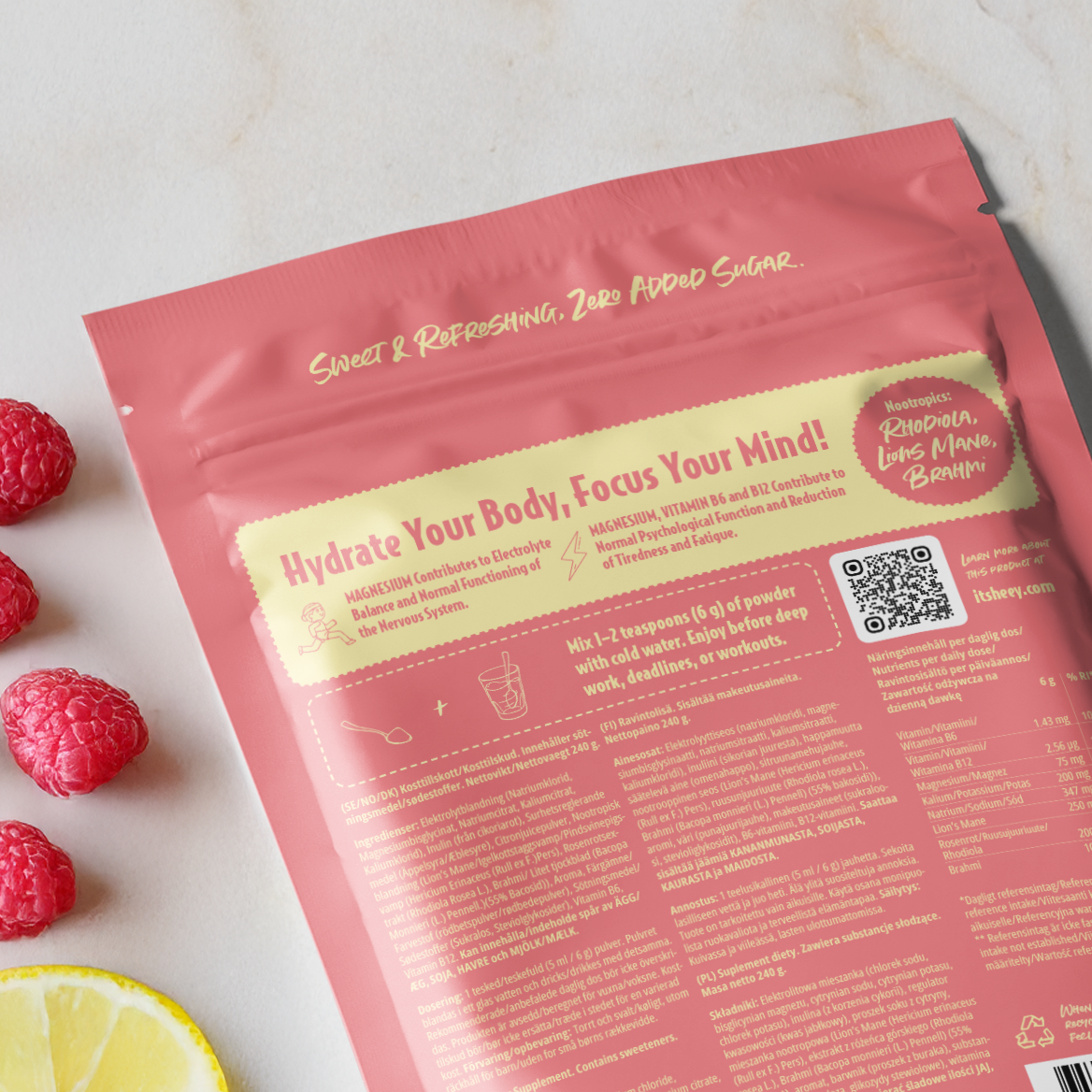 Heey! Hydrate & Focus Elektrolyter Raspberry Lemonade 240 g