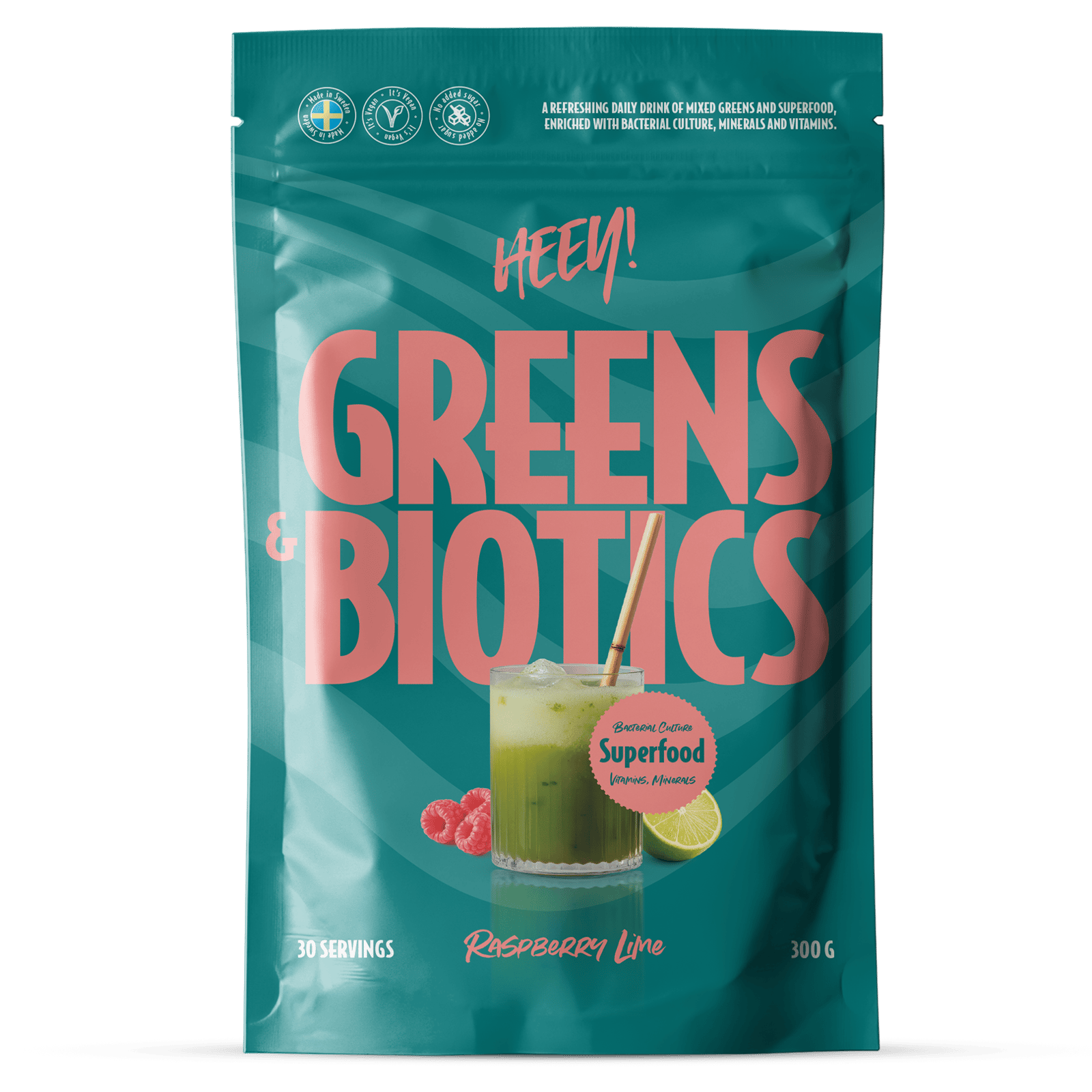 Heey! Greens & Biotics Superfood Hallon Lime 300 g