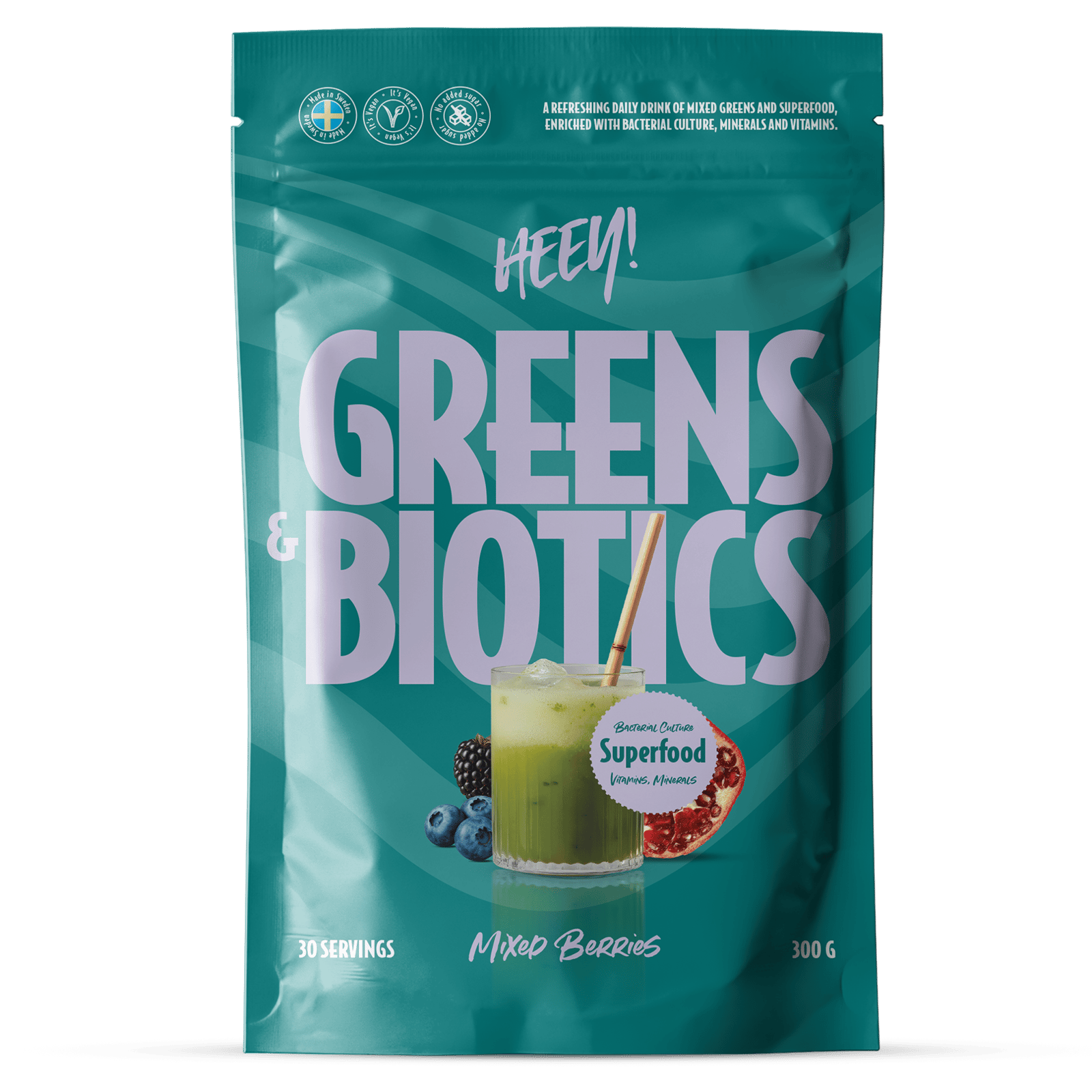Heey! Greens & Biotics Superfood Mixade Bär 300 g