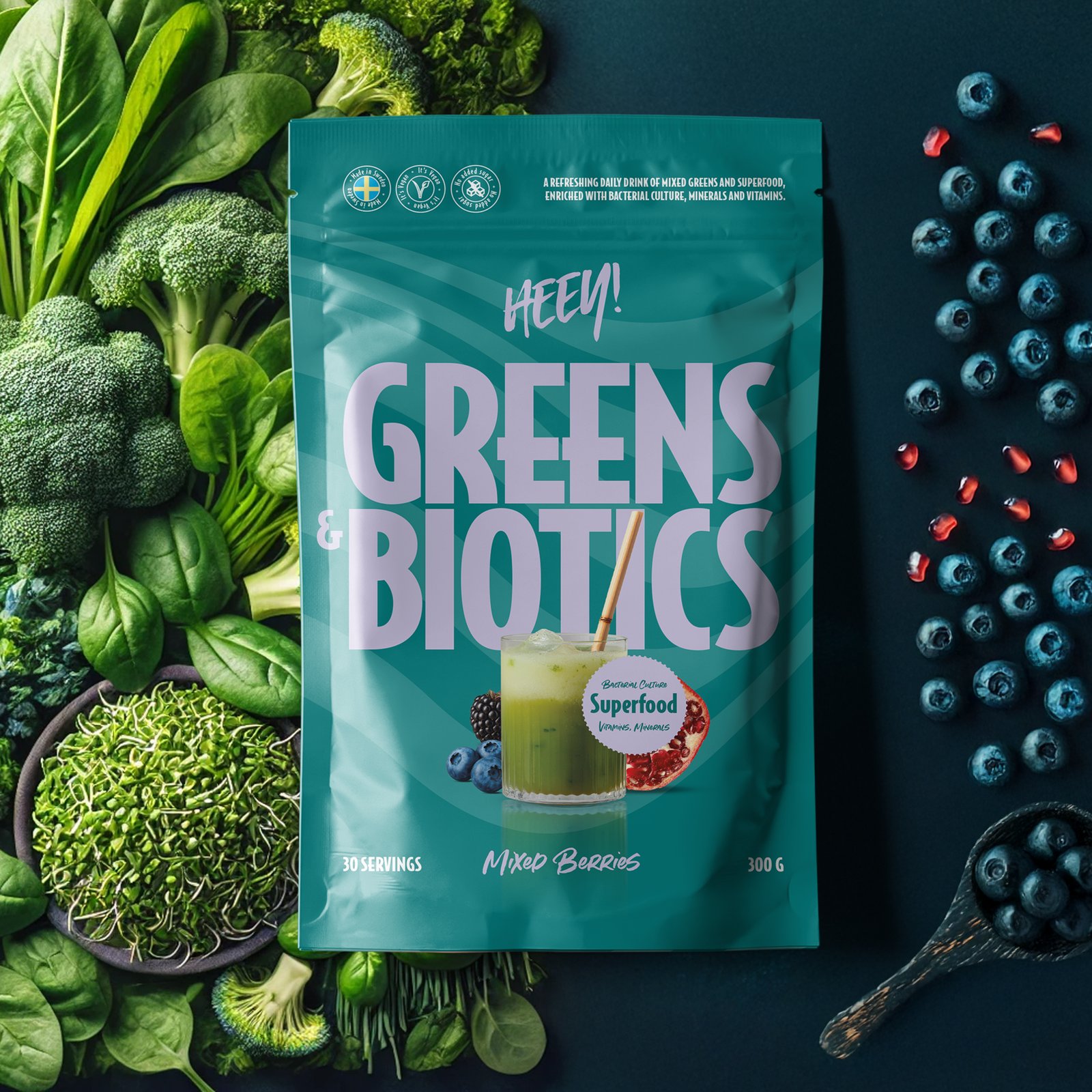 Heey! Greens & Biotics Superfood Mixade Bär 300 g
