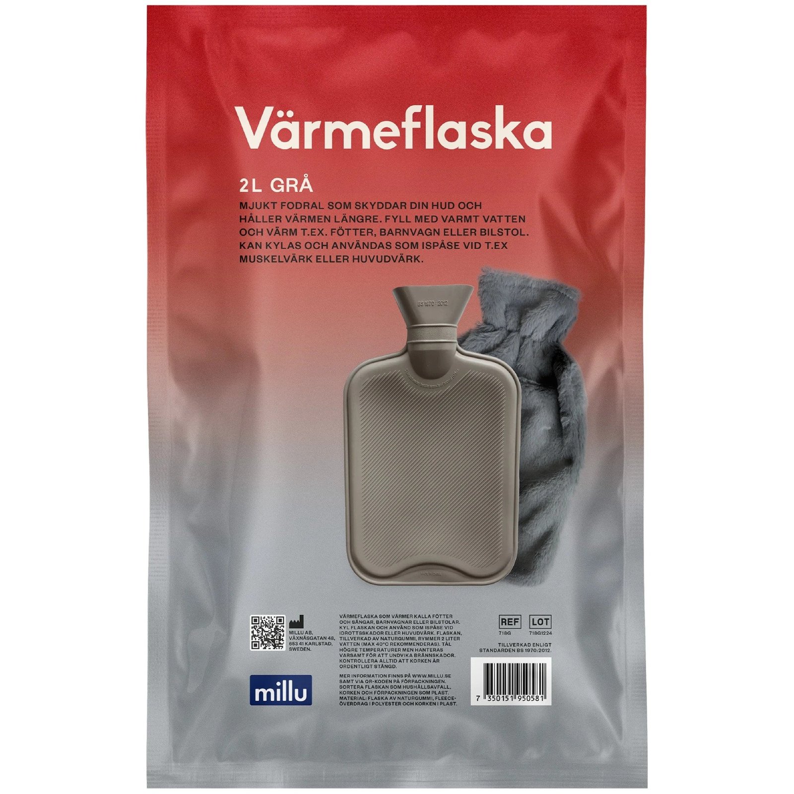 Millu Värmeflaska & Fleece Grå 2L