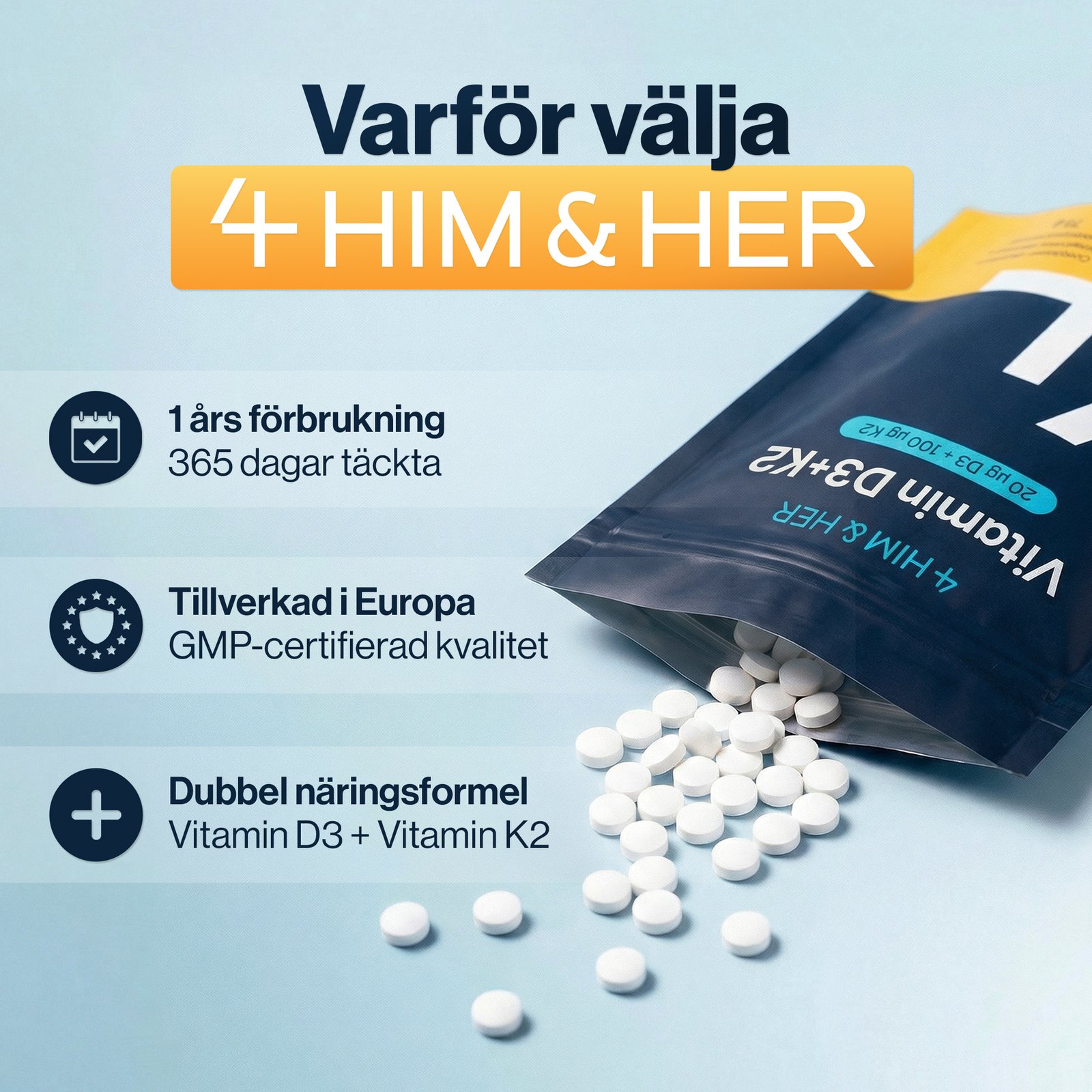 4 HIM & HER Vitamin D3 20 µg + K2 100 µg 365 tabletter