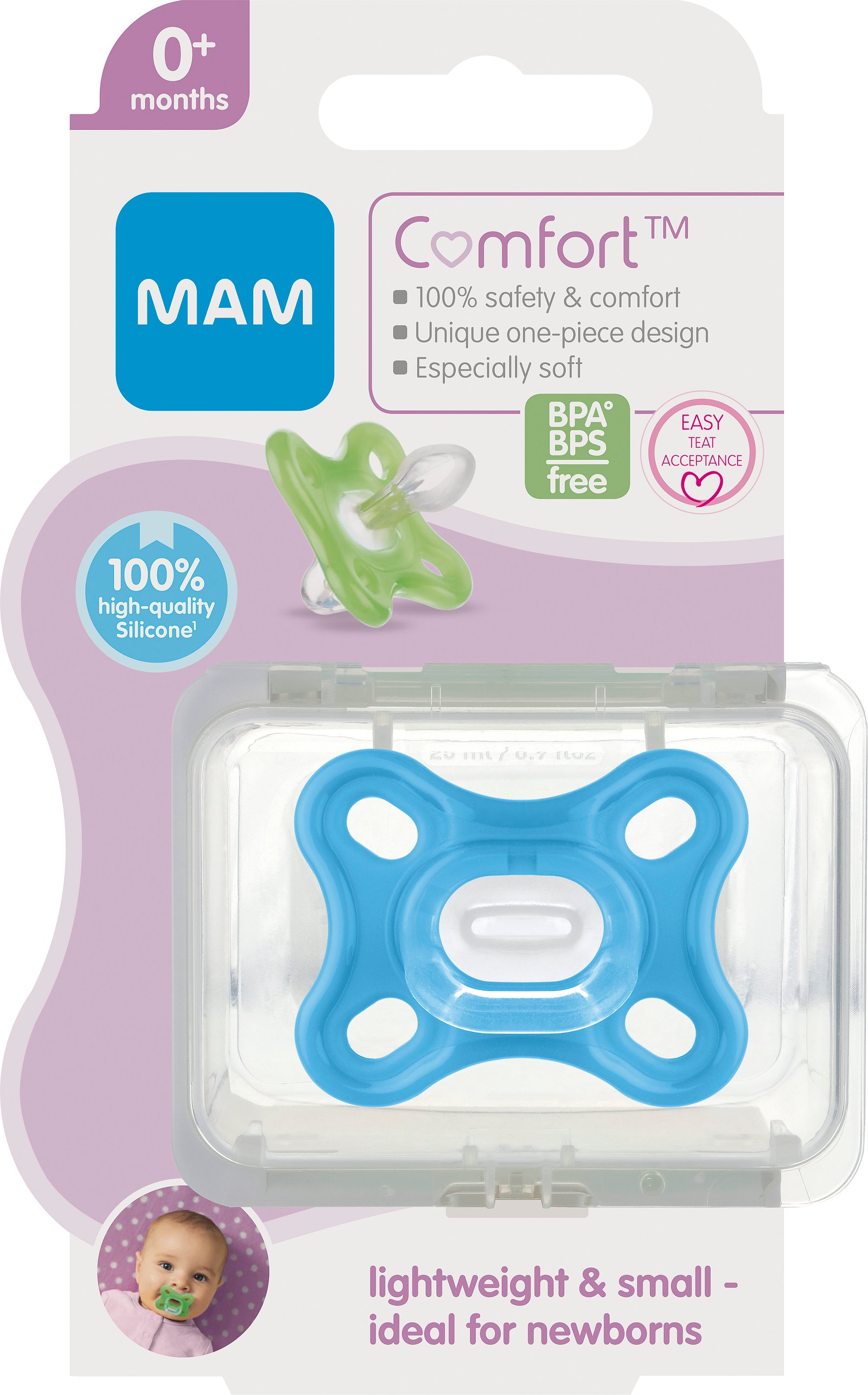 MAM Comfort Newborn Napp 0+ Månader Silikon Blå 1 st
