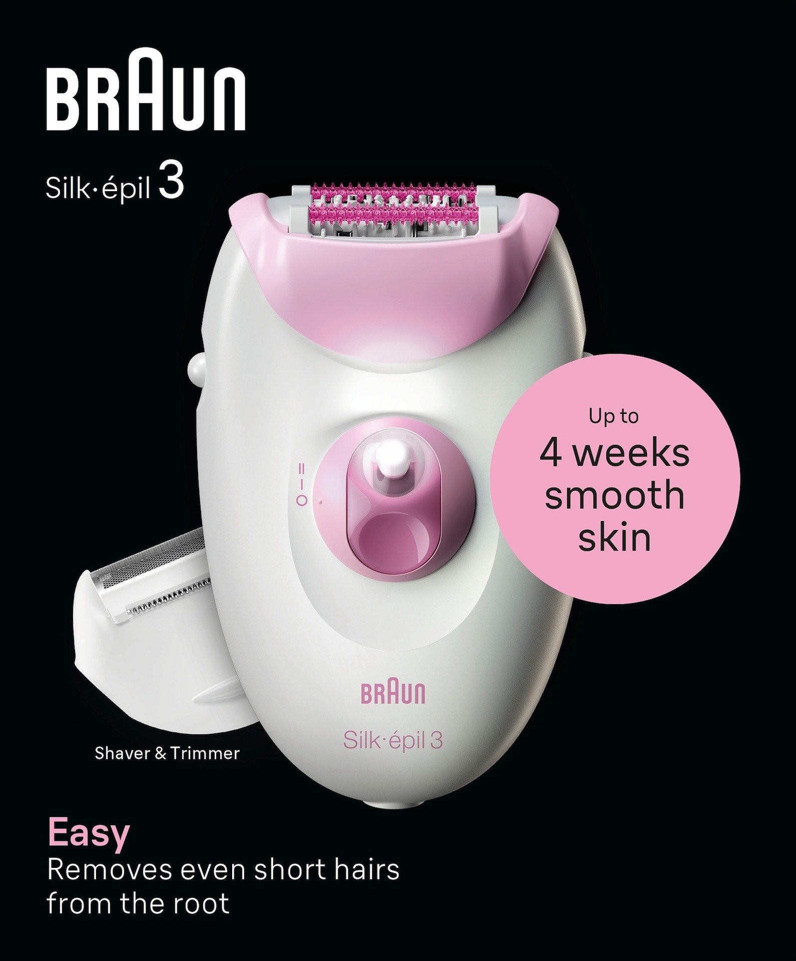 Braun Silk-épil 3, Epilator med sladd, för hårborttagning, med ladyshaver och trimmerkam 3-031, Rosa
