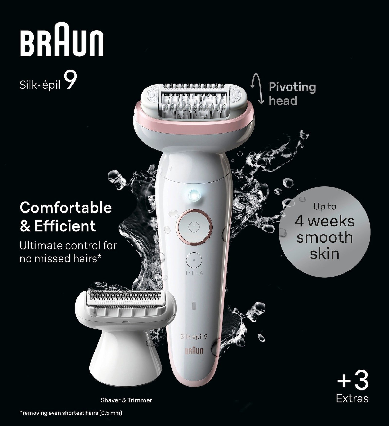 Braun Silk-épil 9 9-030 Epilator för enkel hårborttagning, rörligt huvud, lady shaver, Vit/Flamingo