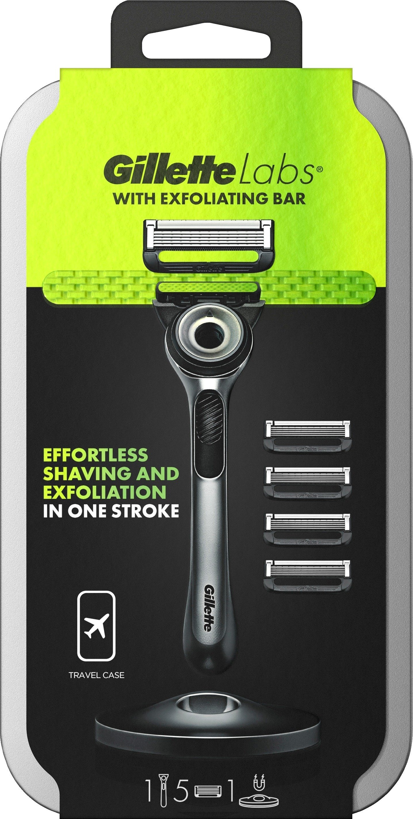 Gillette Labs Rakhyvel med exfolierande platta, magnetiskt ställ & resefodral 5 st rakblad