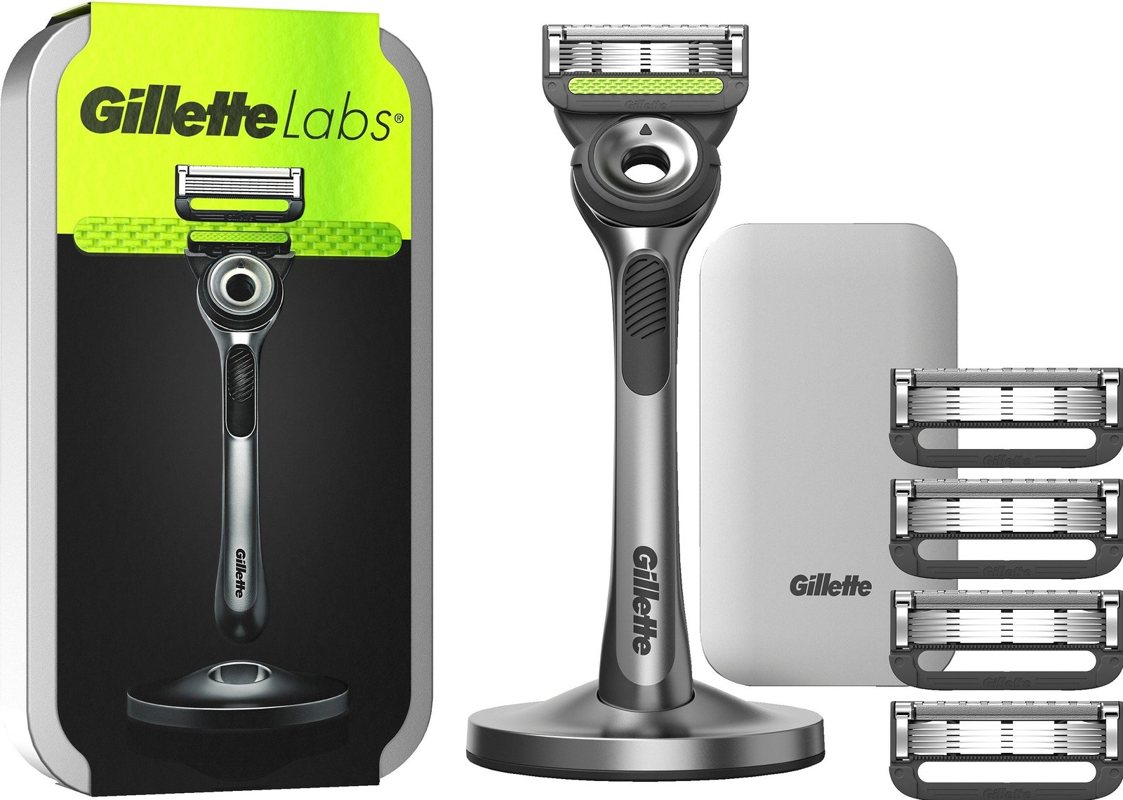 Gillette Labs Rakhyvel med exfolierande platta, magnetiskt ställ & resefodral 5 st rakblad