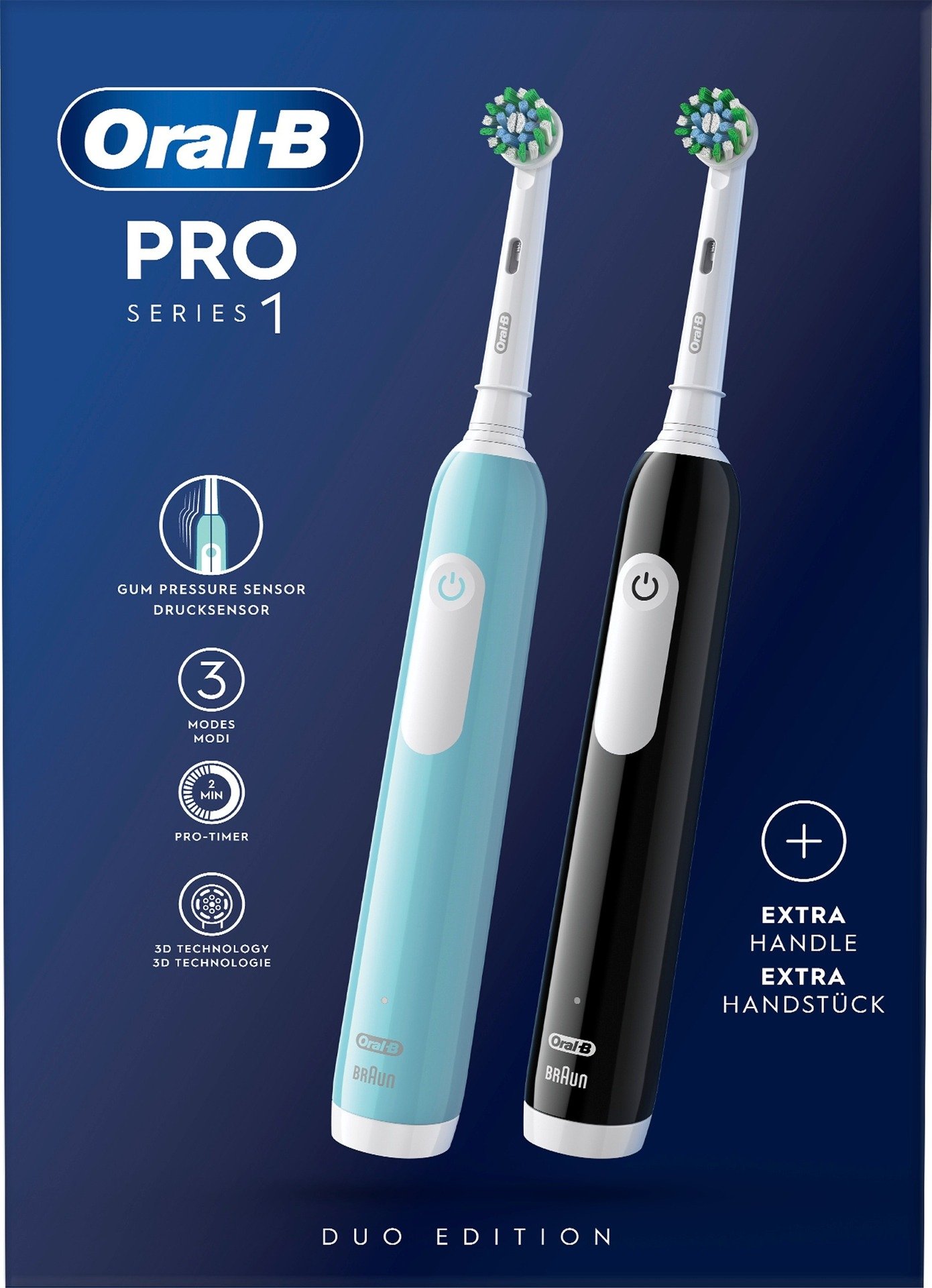 Oral-B Pro 1 Duopack, blå och svart eltandborste, 2 tandborsthuvuden