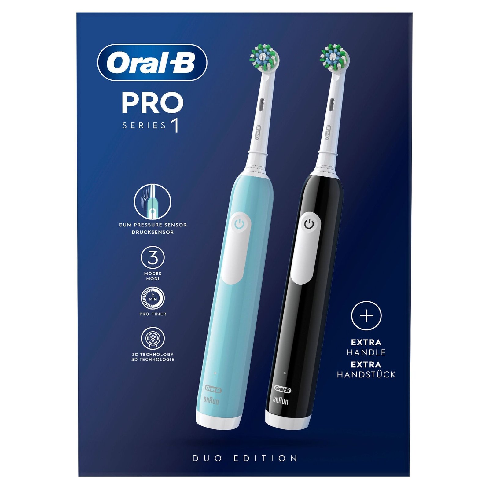 Oral-B Pro 1 Duopack, blå och svart eltandborste, 2 tandborsthuvuden