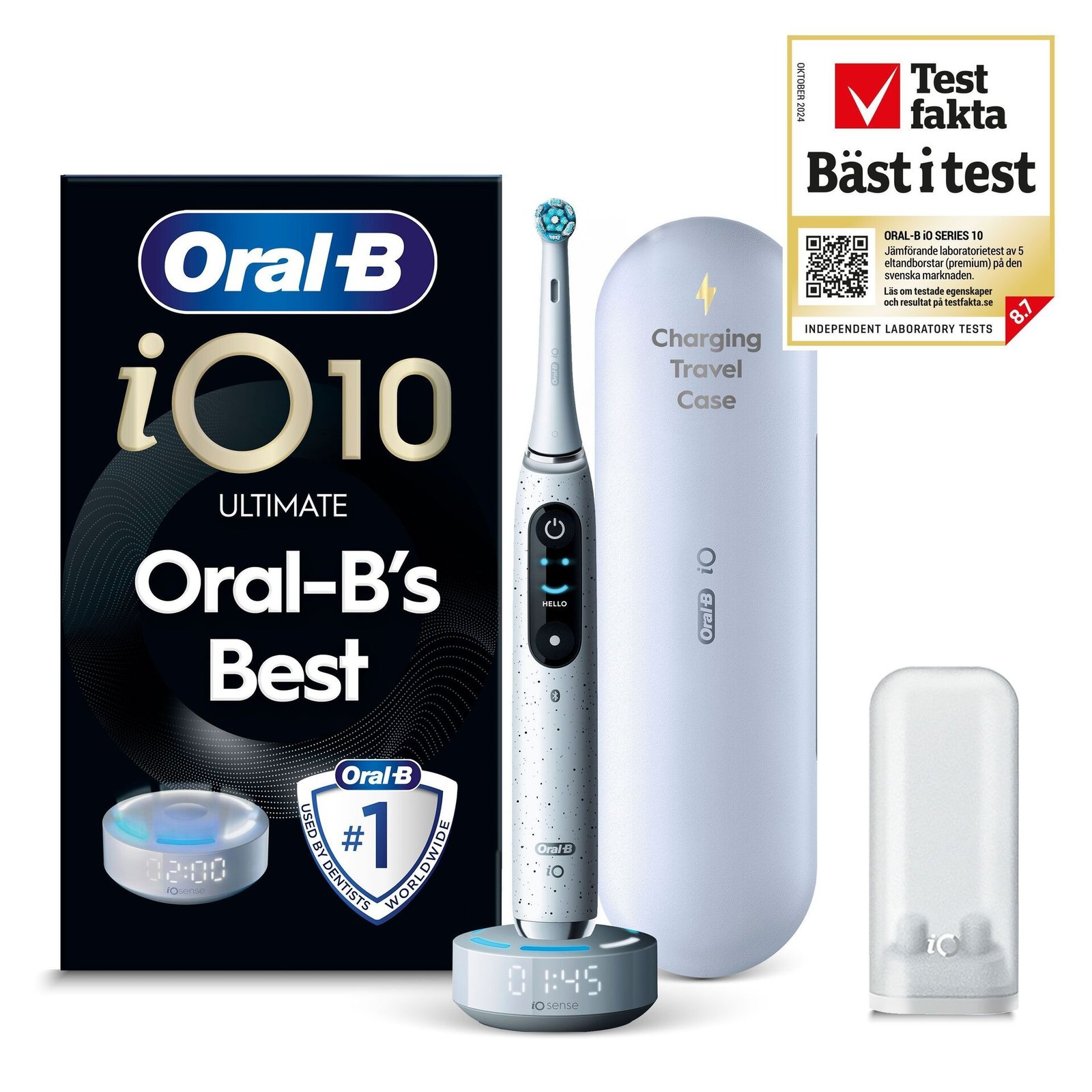Oral-B iO10 Eltandborste Vit 1 Tandborsthuvud, Resefodral med laddare & Hållare till borsthuvud
