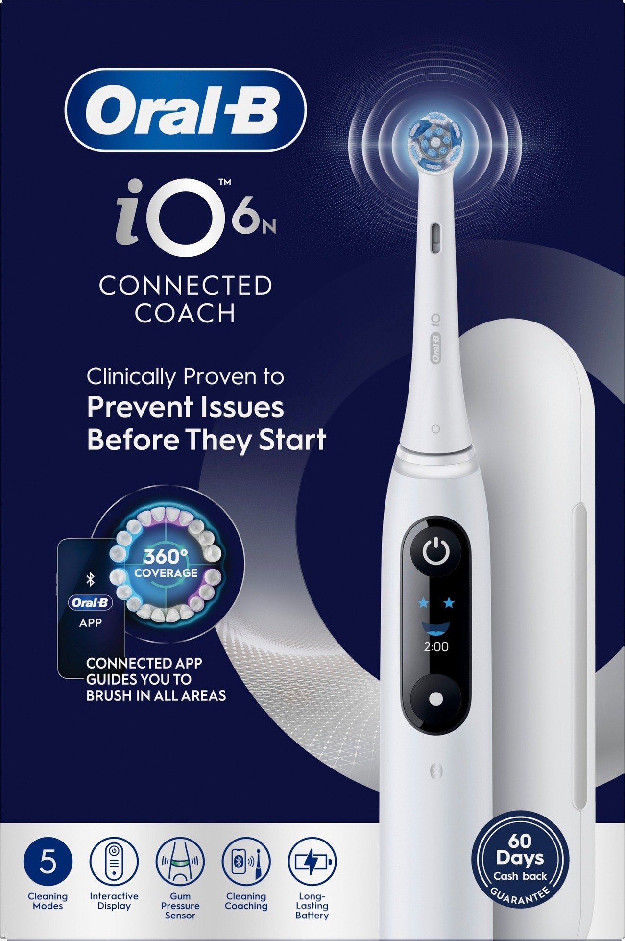 Oral-B iO6 Eltandborste Vit 2 Tandborsthuvuden, Resefodral & Hållare till borsthuvud 1 st