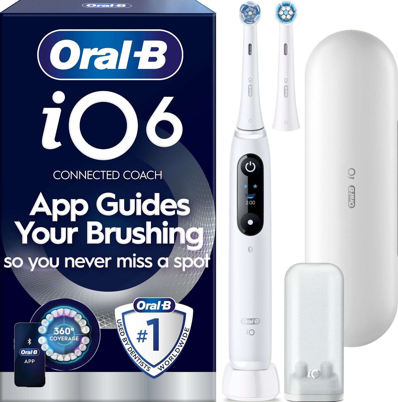 Oral-B iO6 Eltandborste Vit 2 Tandborsthuvuden, Resefodral & Hållare till borsthuvud 1 st