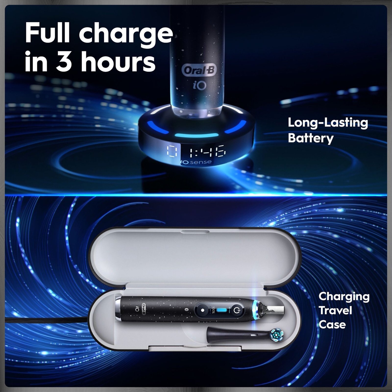 Oral-B iO10 Eltandborste Svart 1 Tandborsthuvud, Resefodral med laddare & Hållare till borsthuvud