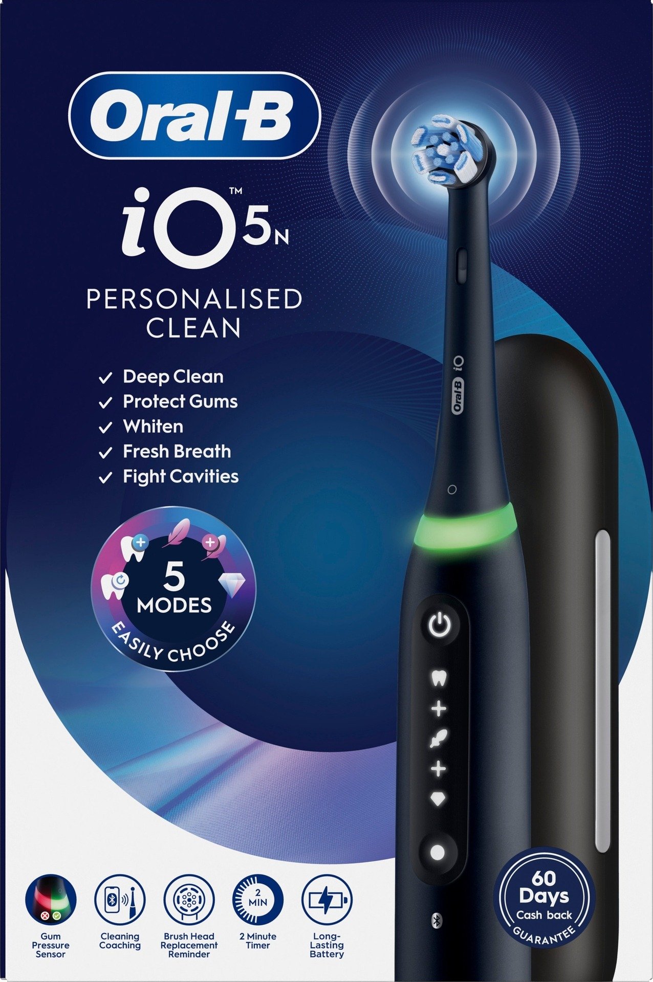 Oral-B iO5 Eltandborste Svart 1 Tandborsthuvud, Resefodral & Hållare till borsthuvud 1 st