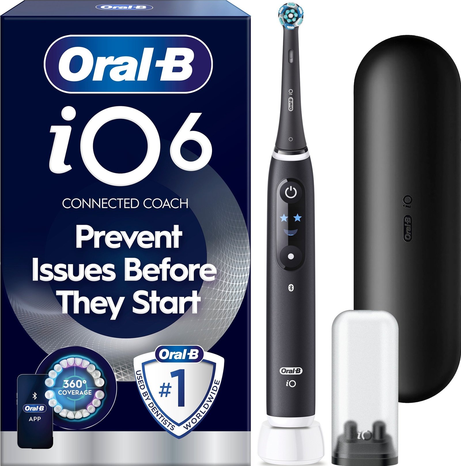 Oral-B iO6 Eltandborste Svart 2 Tandborsthuvuden, Resefodral & Hållare till borsthuvud 1 st