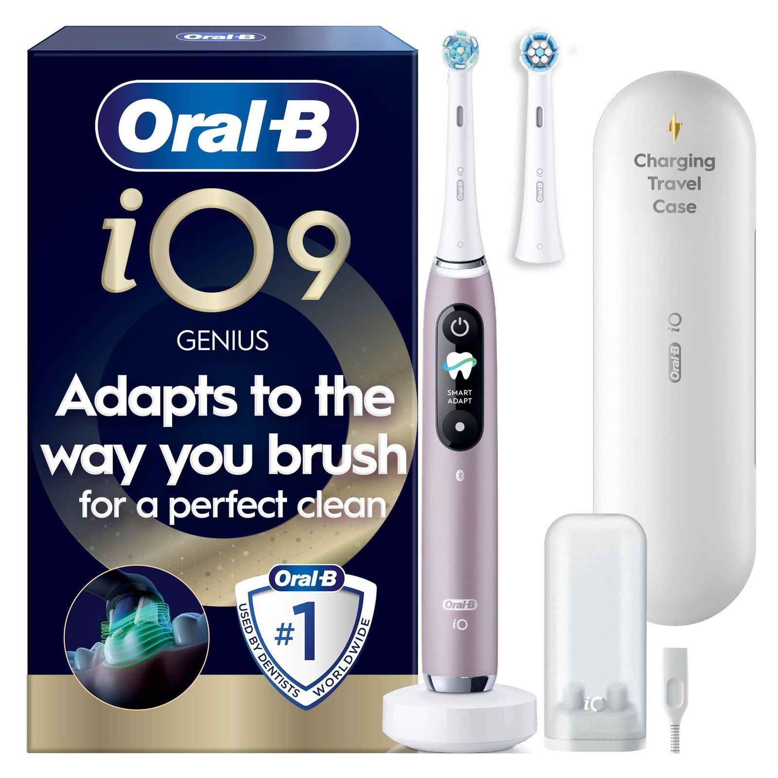 Oral-B iO9 Eltandborste Rosa 2 Tandborsthuvuden, Resefodral med laddare & Hållare till borsthuvud