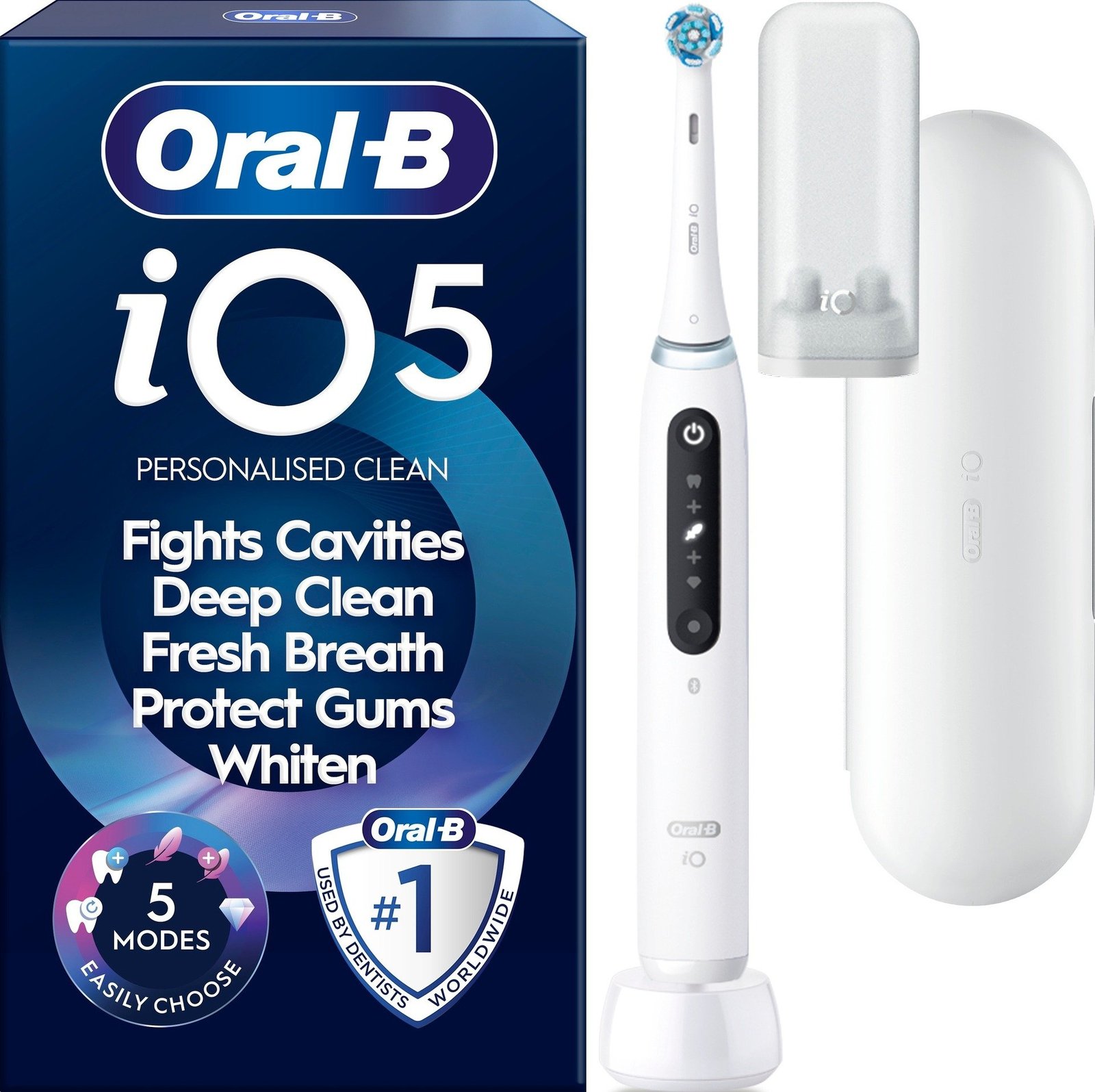 Oral-B iO5 Eltandborste Vit 1 Tandborsthuvud, Resefodral & Hållare till borsthuvud 1 st