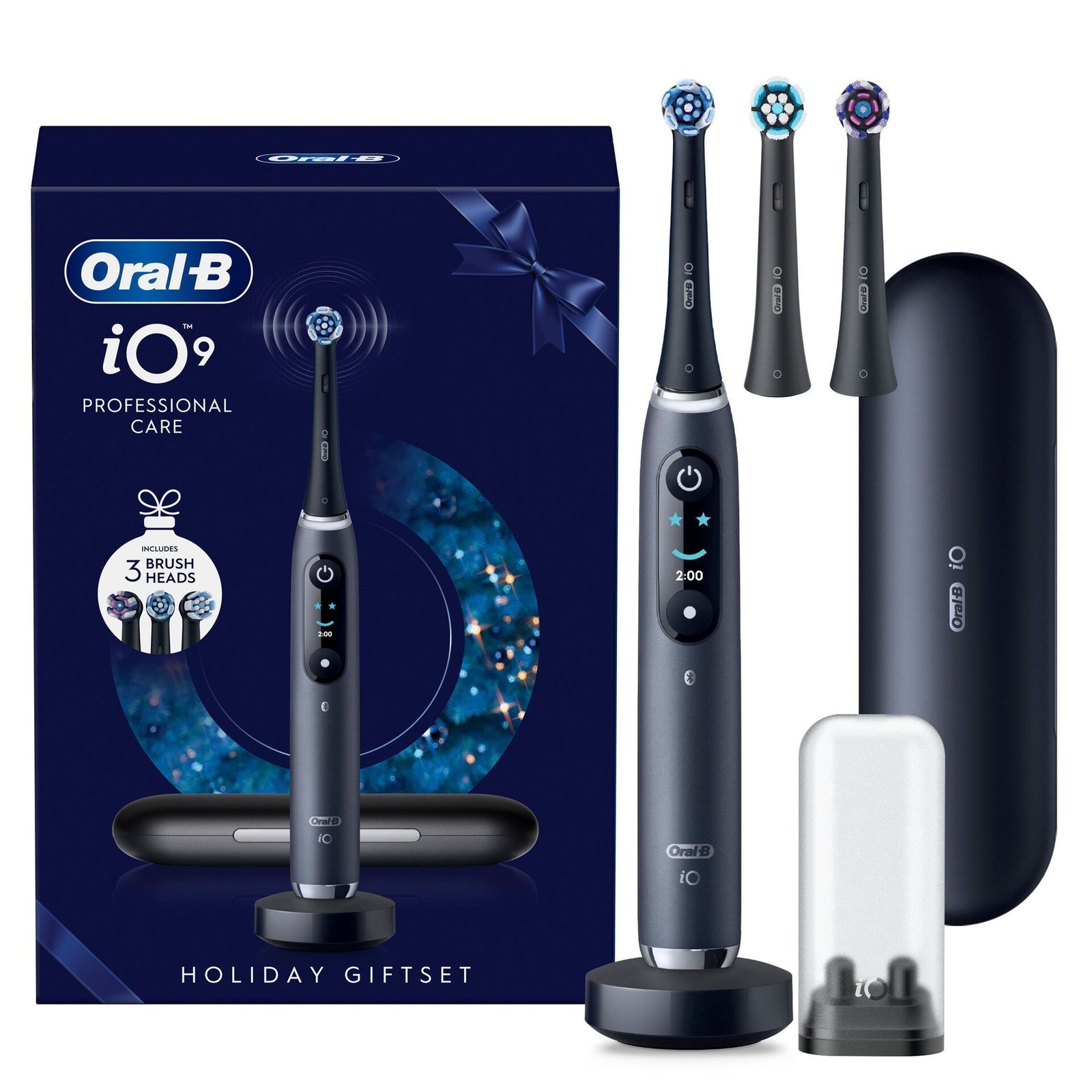 Oral-B iO 9 Svart Eltandborste Holiday Giftset 3 tandborsthuvuden, 1 laddningsbart resefodral