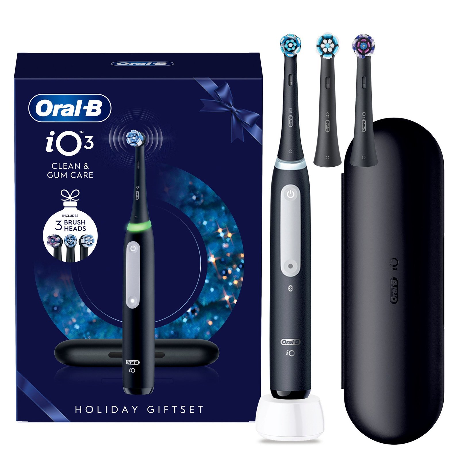 Oral-B iO 3 Eltandborste Svart, Holiday Giftset, 3 tandborsthuvud, 1 resefodral