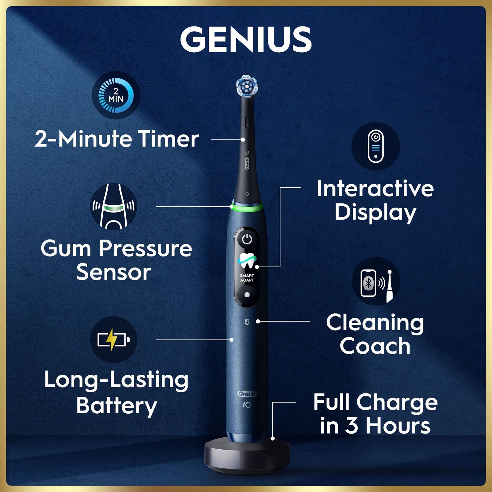 Oral-B iO9 Eltandborste Blå 2 Tandborsthuvuden, Resefodral med laddare & Hållare till borsthuvud