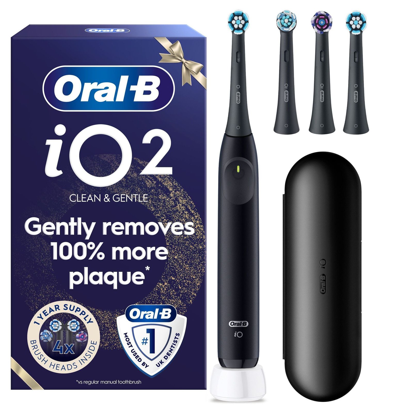 Oral-B iO2 Eltandborste, Giftset, Svart, 4 Tandborsthuvuden, Resefodral