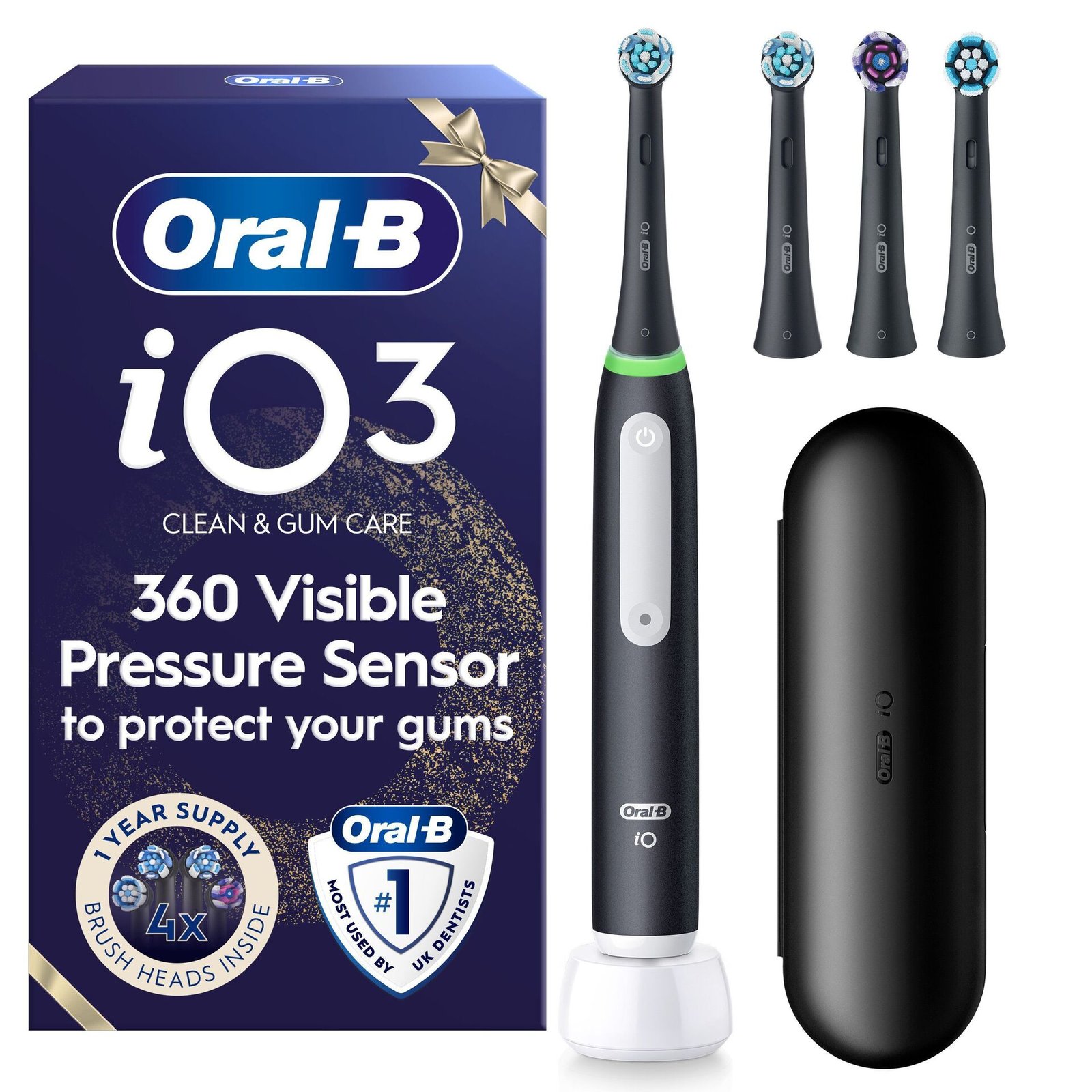 Oral-B iO3 Eltandborste, Giftset, Svart, 4 Tandborsthuvuden, Resefodral