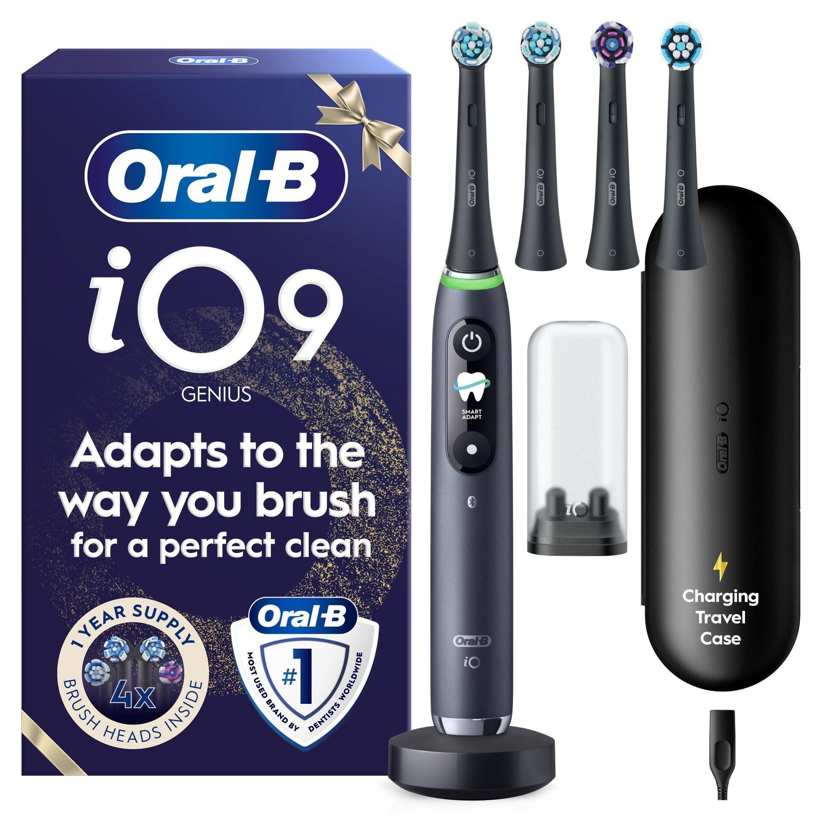 Oral-B iO9 Eltandborste, Giftset, Svart, 4 Tandborsthuvuden, Snabb magnetisk laddare