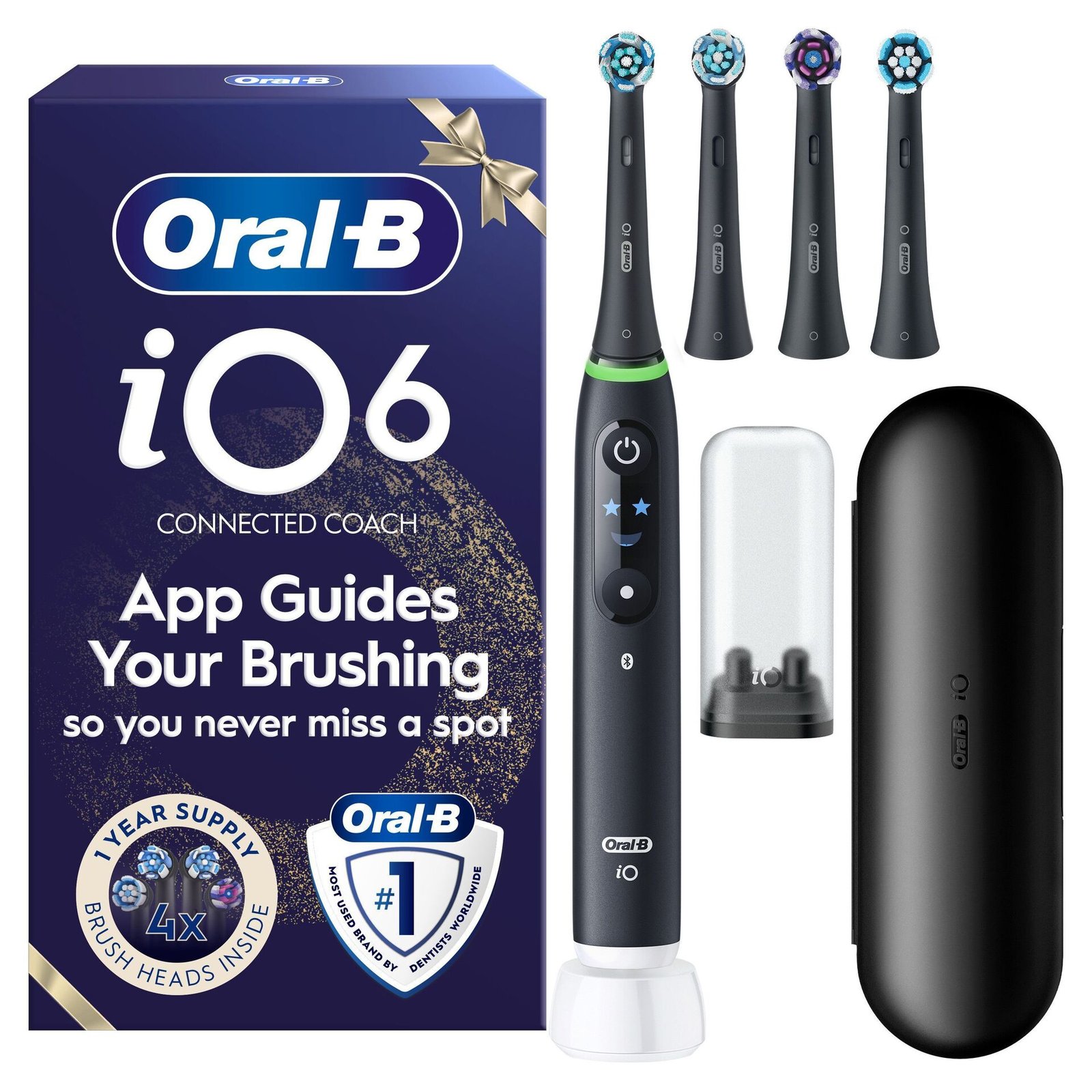 Oral-B iO6 Eltandborste, Giftset, Svart, 4 Tandborsthuvuden, Resefodral