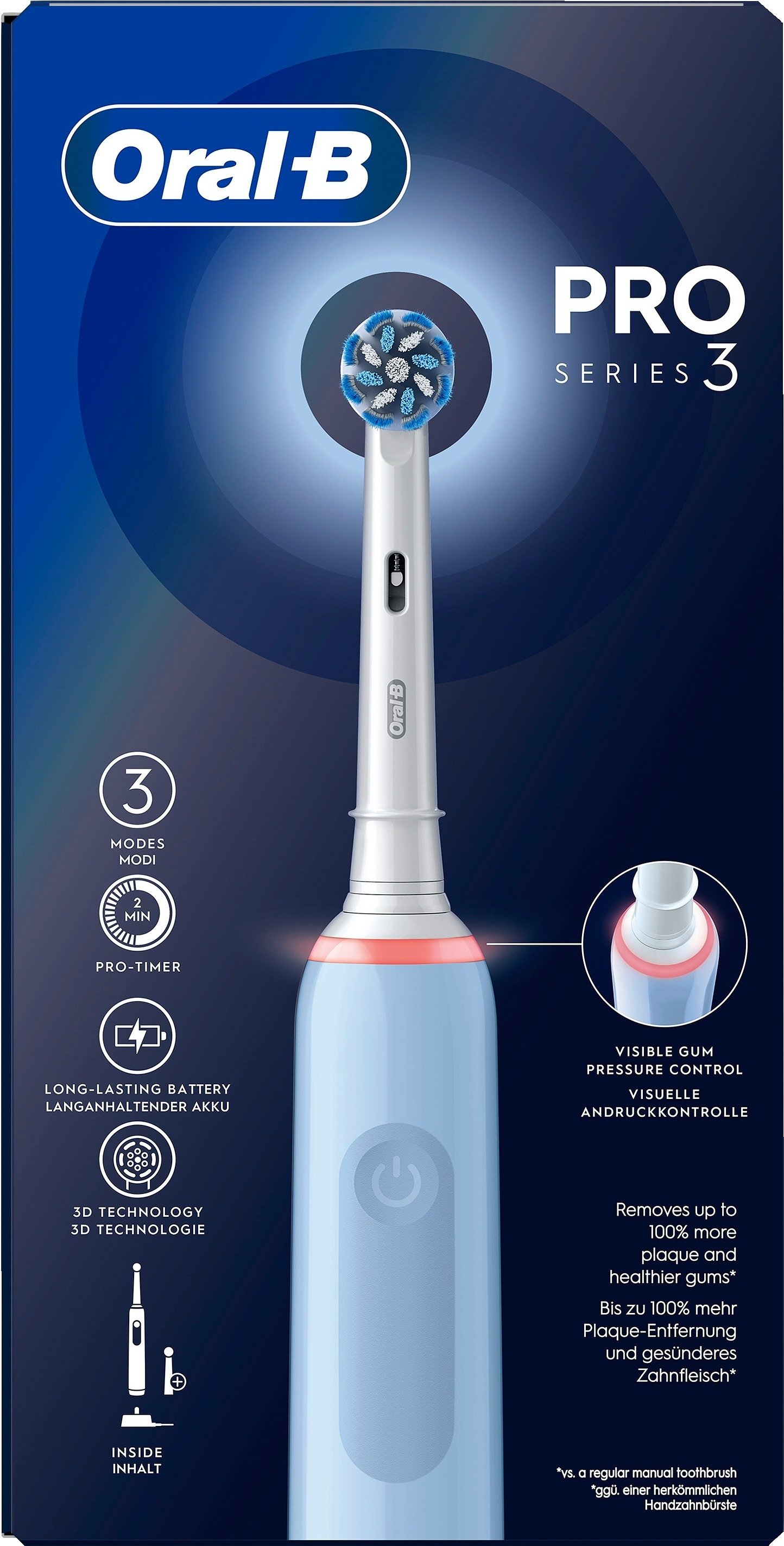 Oral-B Pro 3 Blå eltandborste, 2 Extra Sensitive huvuden