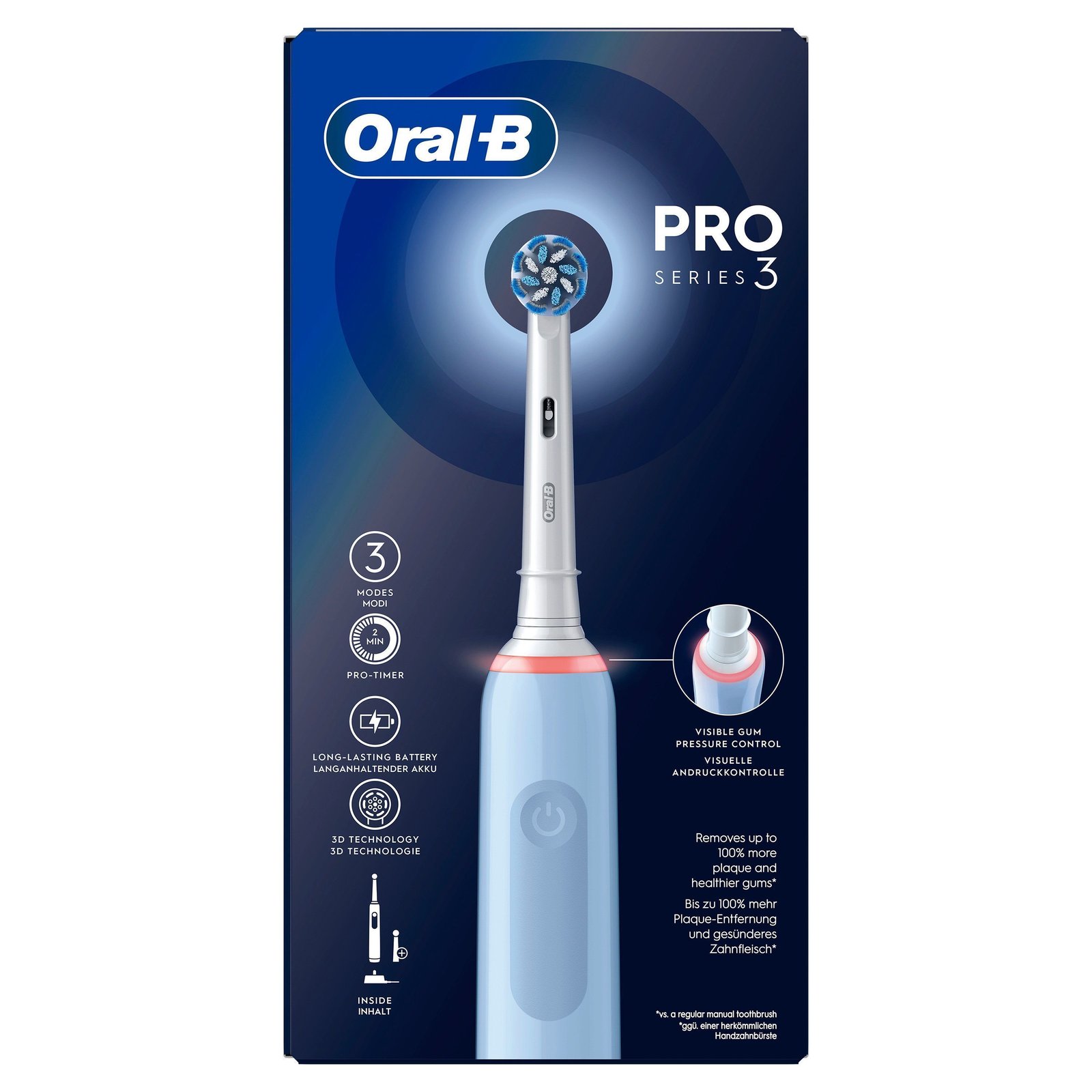Oral-B Pro 3 Blå eltandborste, 2 Extra Sensitive huvuden