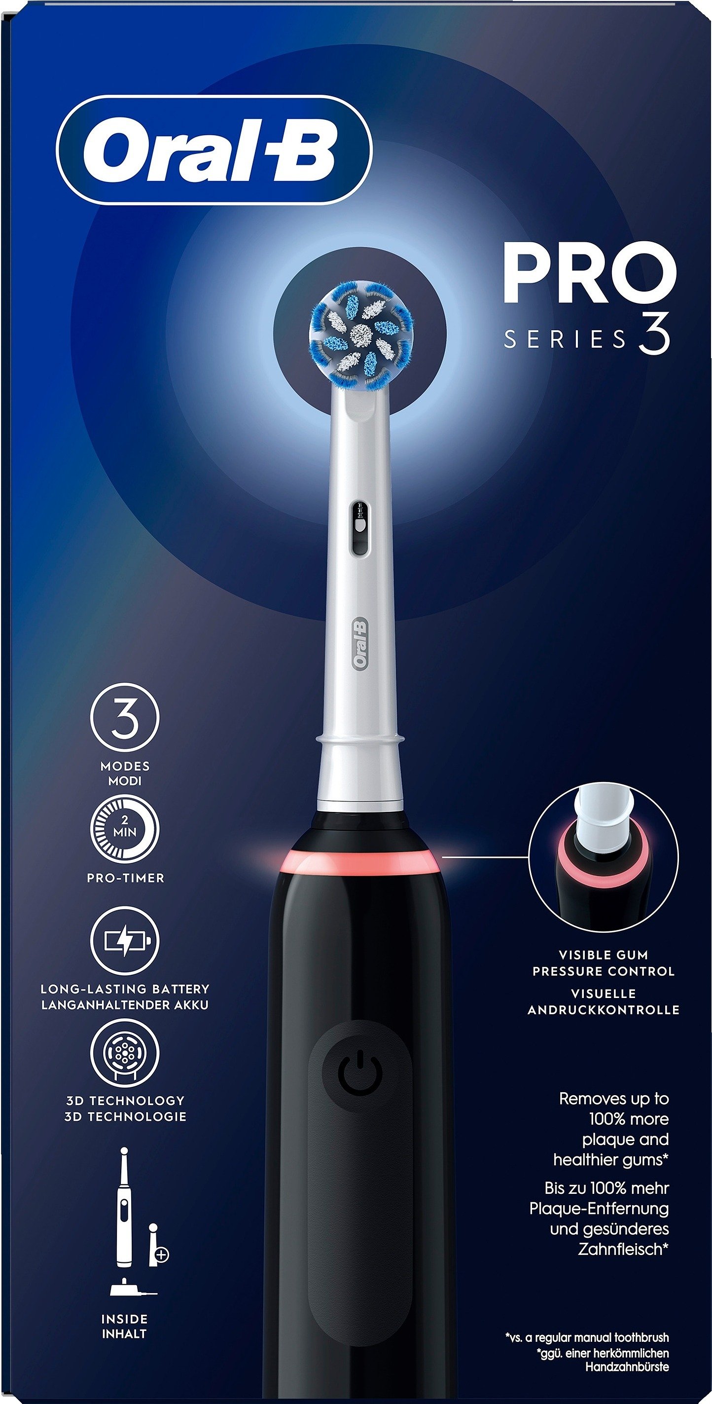Oral-B Pro 3 Svart eltandborste, 2 Sensitive Clean & Care borsthuvud