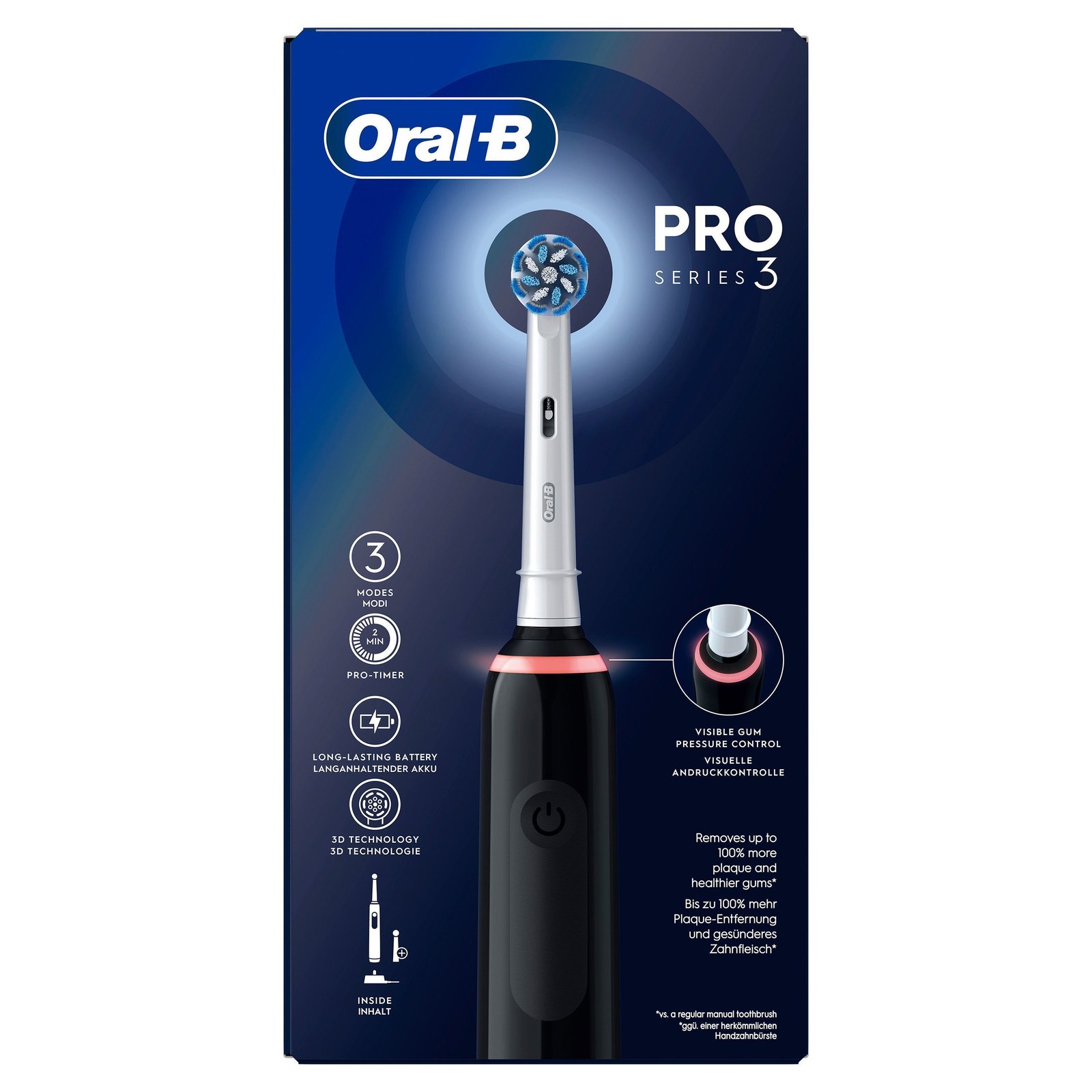 Oral-B Pro 3 Svart eltandborste, 2 Sensitive Clean & Care borsthuvud