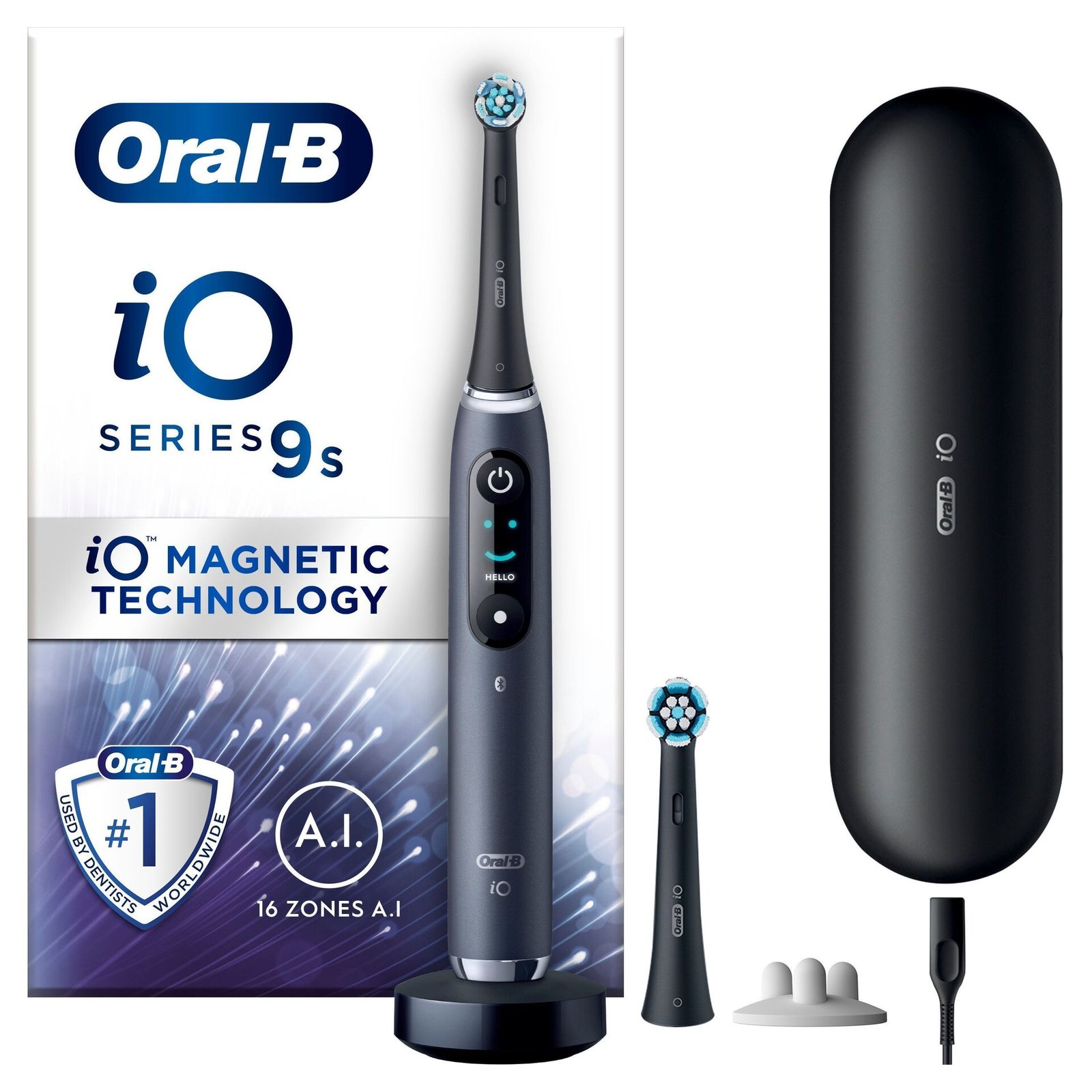 Oral-B iO 9 Eltandborste Svart Onyx, 2 tandborsthuvuden, 1 laddningsbart resefodral