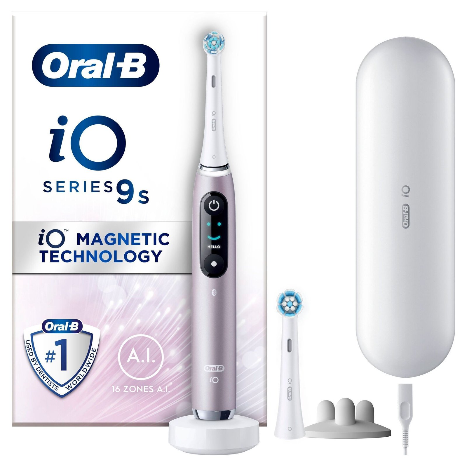 Oral-B iO 9 Eltandborste Rosa, 2 tandborsthuvuden, 1 laddningsbart resefodral