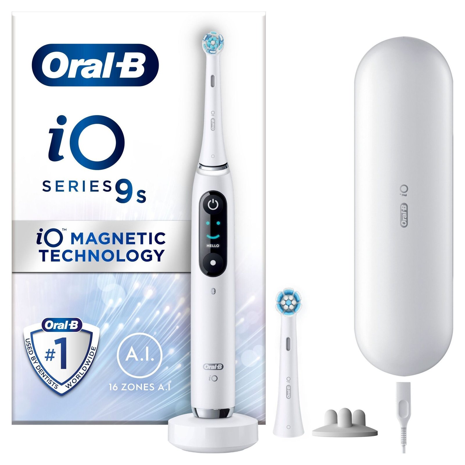 Oral-B iO 9 Vit Eltandborste, 2 tandborsthuvuden, 1 laddningsbart reesefodral