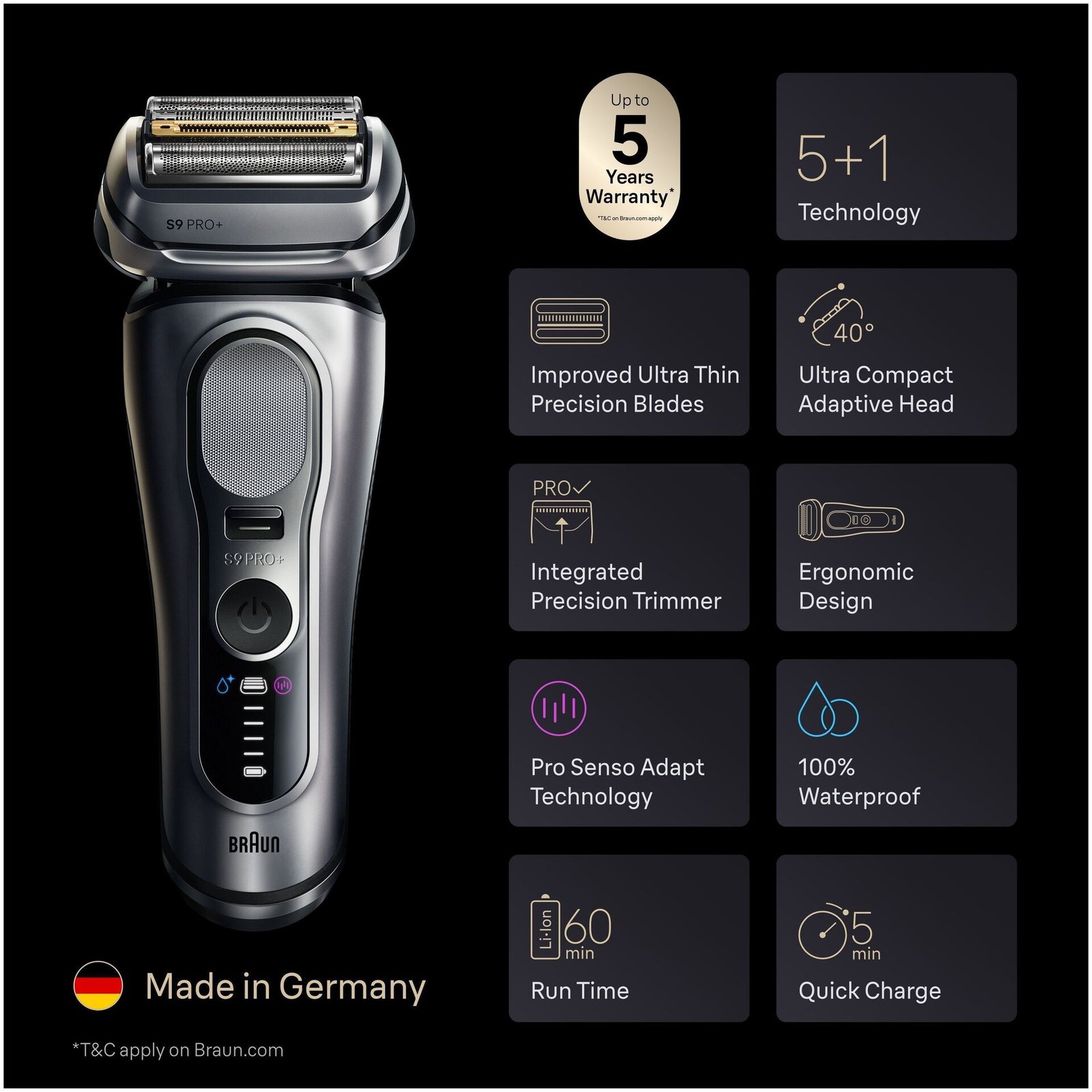 Braun Series 9 PRO+ Elektrisk Rakapparat, Pro SensoAdapt, SmartCare Center, 9667CC, Silver