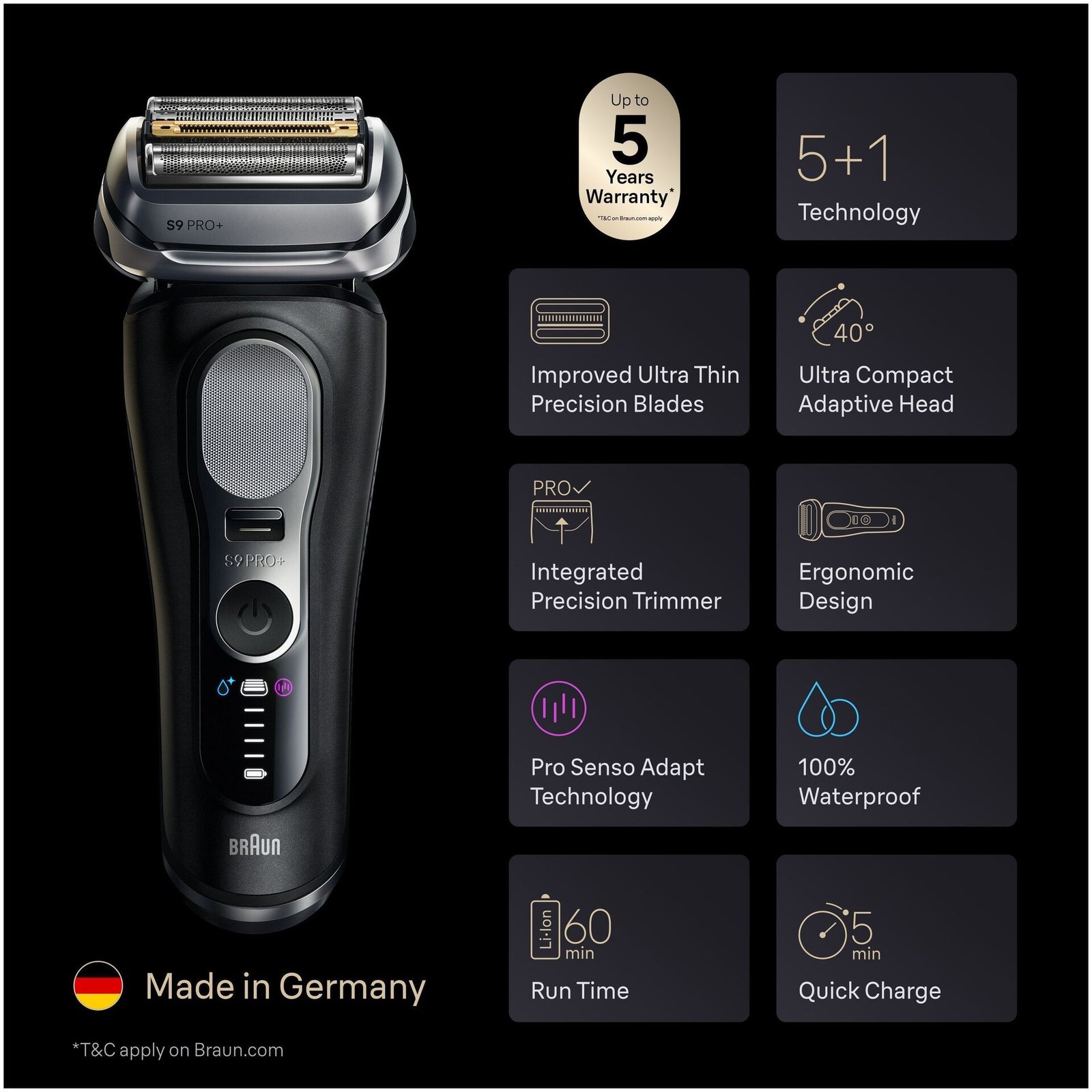 Braun Series 9 PRO+ Elektrisk Rakapparat, Pro SensoAdapt, 60 min, 9600S, Svart