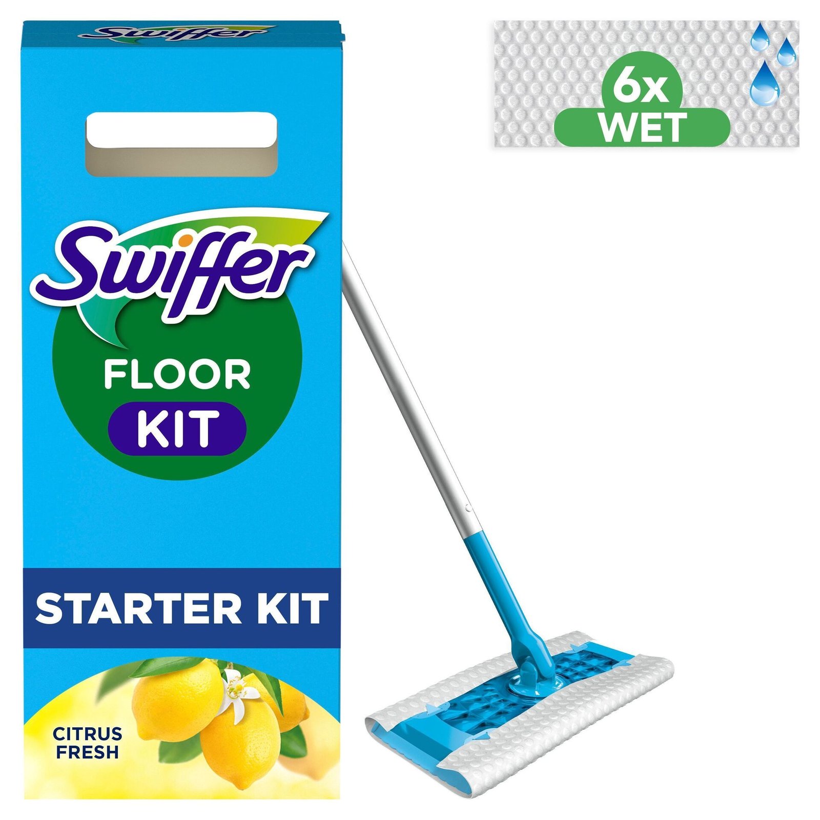 Swiffer Wet Startkit för rengöring av golv, 1 mopp + 6 fuktiga rengöringsdukar