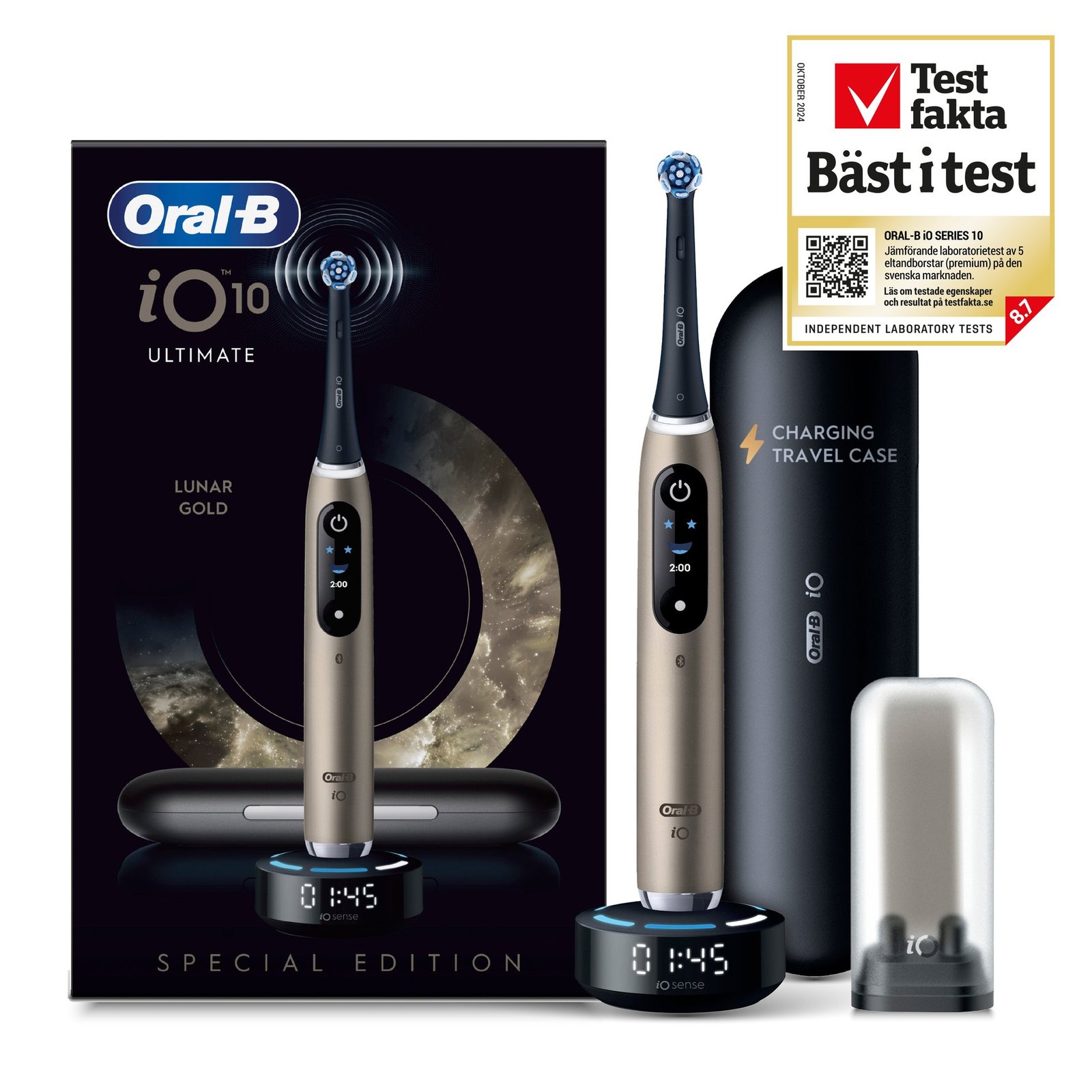 Oral-B iO10 Eltandborste Lunar Gold 1 tandborsthuvud, 1 resefodral för laddning, 1 refillhållare