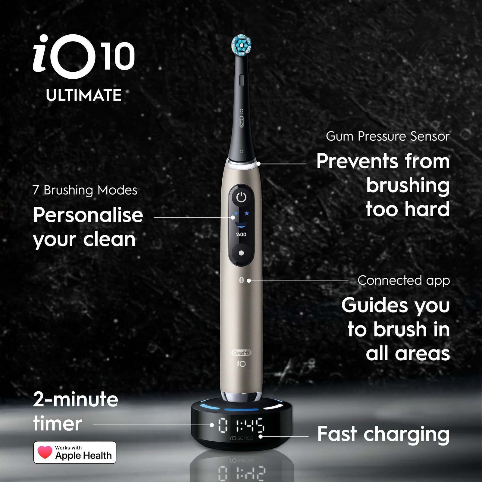 Oral-B iO10 Eltandborste Lunar Gold 1 tandborsthuvud, 1 resefodral för laddning, 1 refillhållare
