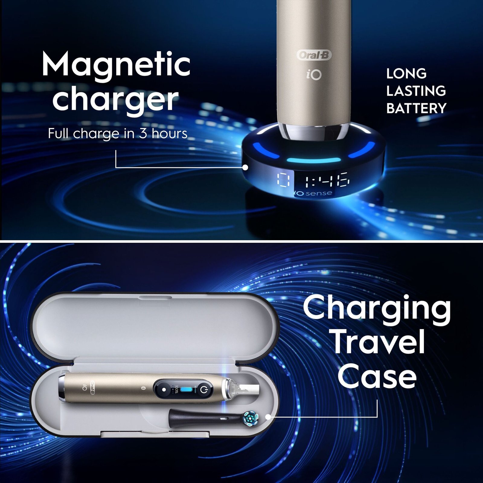 Oral-B iO10 Eltandborste Lunar Gold 1 tandborsthuvud, 1 resefodral för laddning, 1 refillhållare