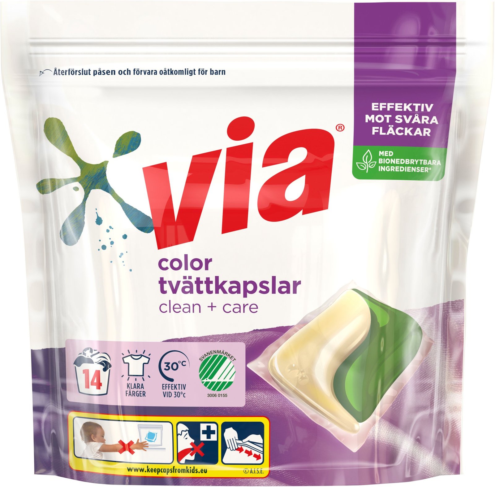 Via Clean+Care Tvättkapslar Color Svanenmärkt 14 st