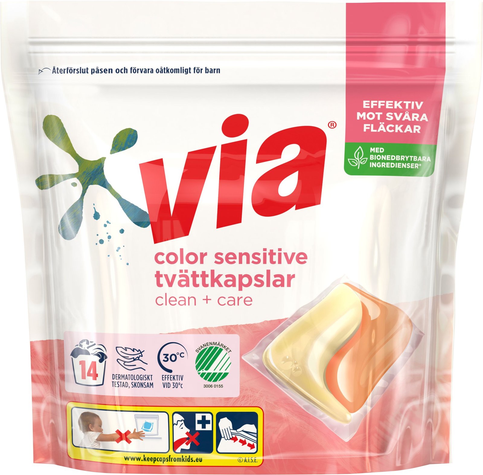 Via Clean+Care Tvättkapslar Color Sensitive Parfymfri Svanenmärkt 14 st