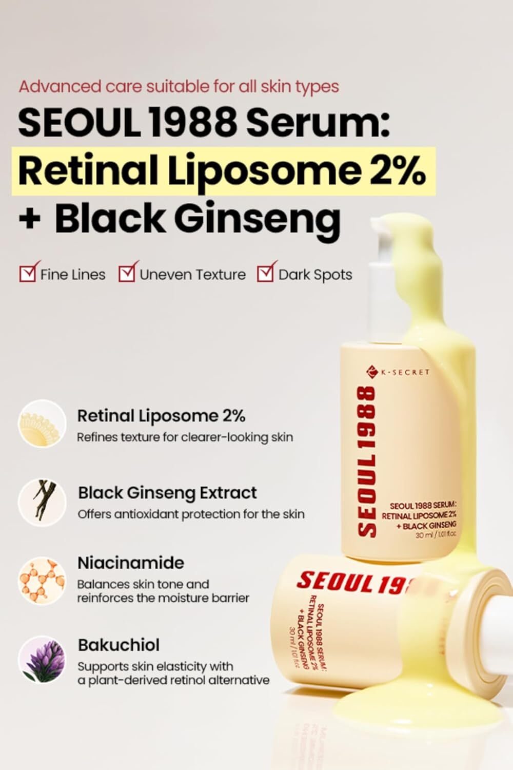 K-Secret SEOUL 1988 Serum : Retinal Liposome 2% + Black Ginseng 30 ml