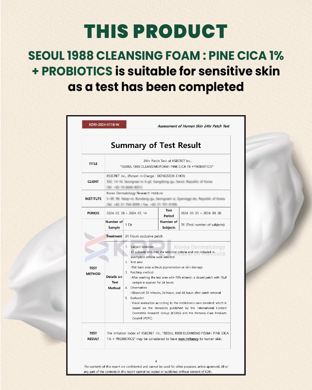 K-Secret SEOUL 1988 Cleansing Foam : Pine Cica 1% + Probiotics 150 ml
