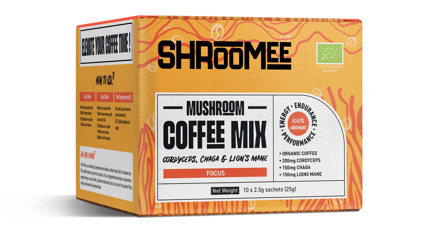 The Organic Labs Shroomee Svampkaffe Focus med Cordyceps, Chaga & Lion’s Mane 10 st portionspåsar