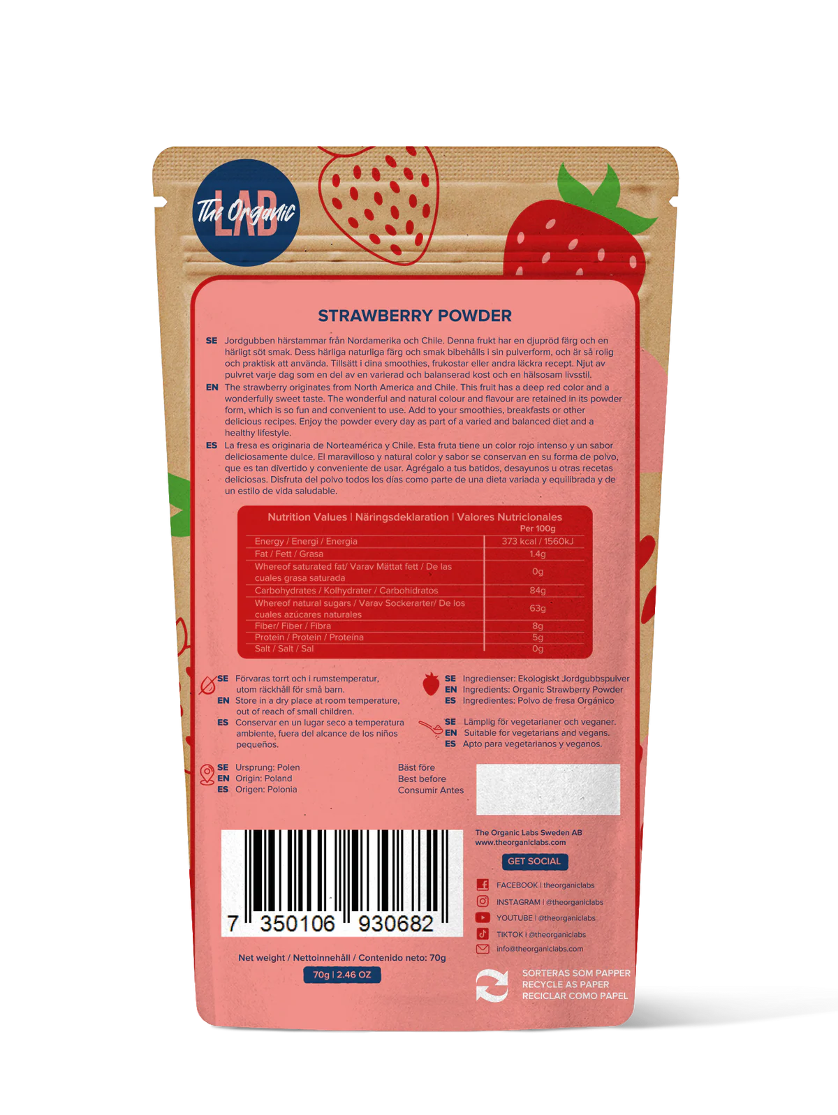 The Organic Labs Jordgubbs pulver, 70g