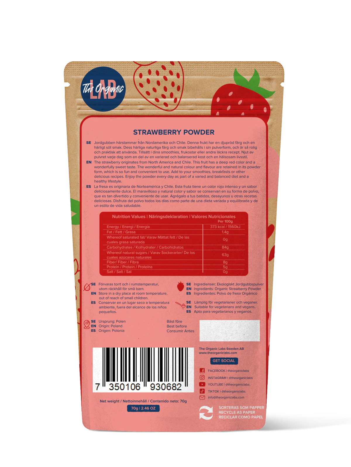 The Organic Labs Jordgubbs pulver, 70g