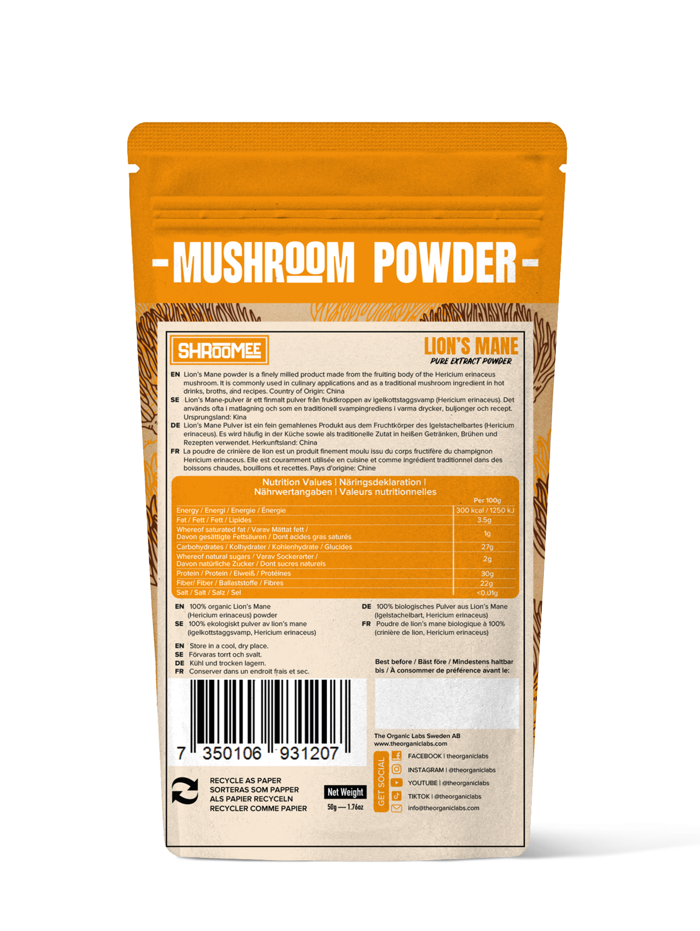 The Organic Labs Lion’s Mane-extraktpulver Igelkottstagsvamp 50 g